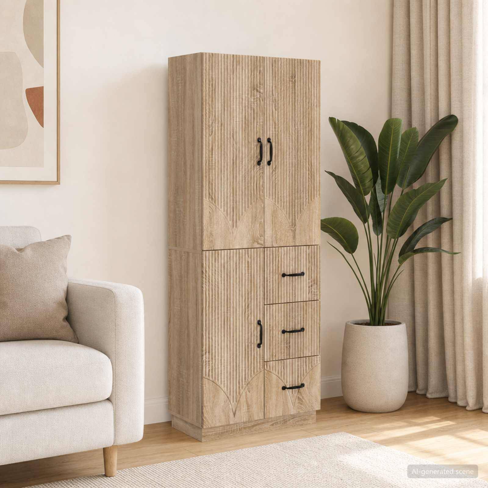 Holzschrank mit oberen Doppeltüren und drei unteren Schubladen neben einer Topfpflanze in einem hellen Wohnzimmer.