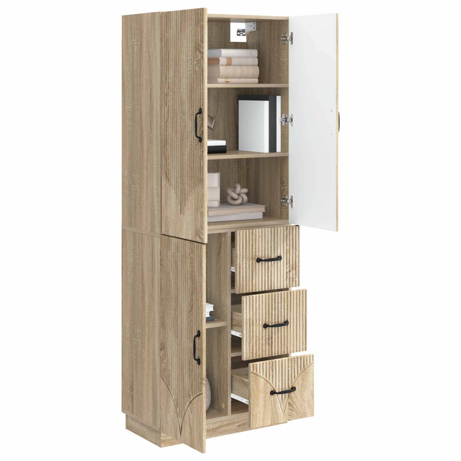 Hoher Holzlagerschrank mit offenen oberen Regalen, einer weißen Tür und drei Schubladen darunter, gezeigt mit geöffneten Türen, um innere Fächer anzuzeigen.
