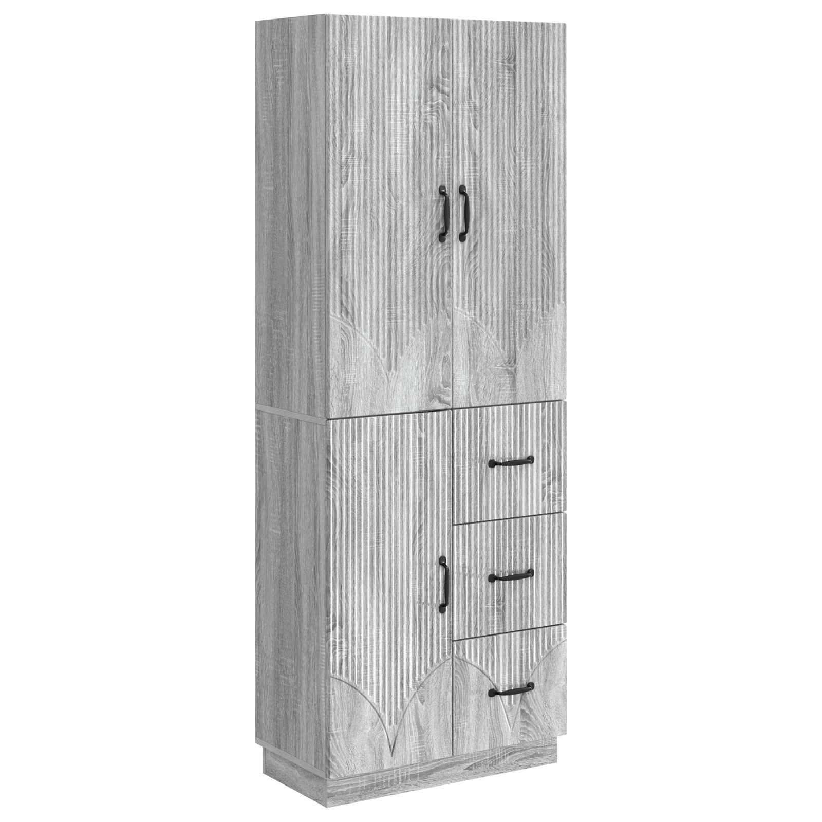 Hoher Lagerschrank aus hellem Holz mit zwei oberen Türen und drei unteren Schubladen, auf weißem Hintergrund dargestellt.
