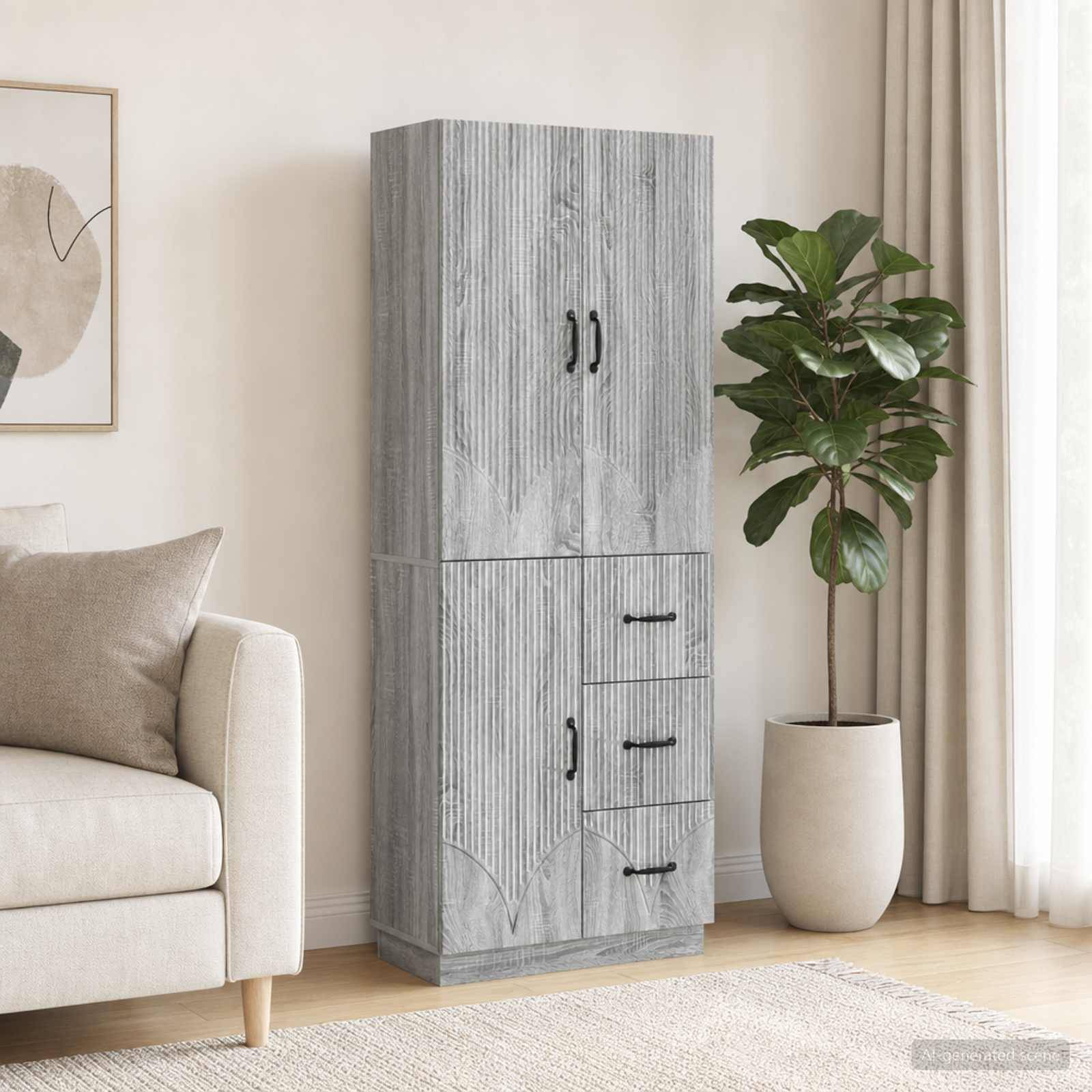 Modernes Wohnzimmer mit einem hohen grauen Holzlagerungsschrank neben einer Topfpflanze, neben einem beigen Sofa und durchsichtigen Vorhängen.