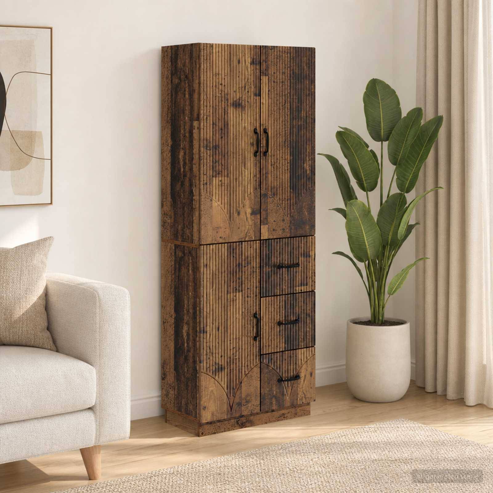 Rustikales Holzschränkchen mit geschnitzten geometrischen Details und Schubladen steht neben einer Topfpflanze in einem hellen Wohnzimmer.