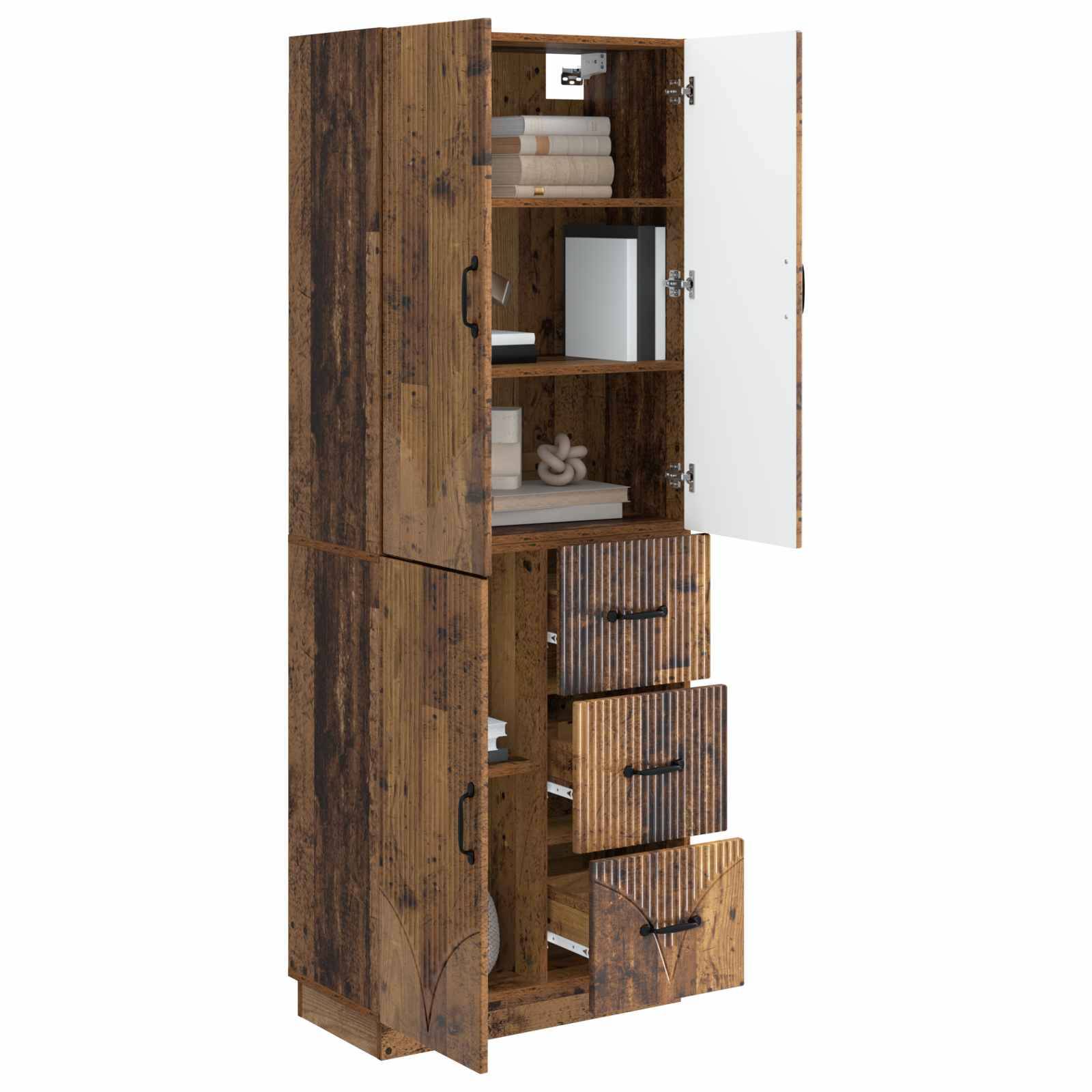 Hoher rustikaler Holzschrank mit offenen Türen, Regalen und drei Schubladen, mit Blick auf die inneren Lagerfächer.