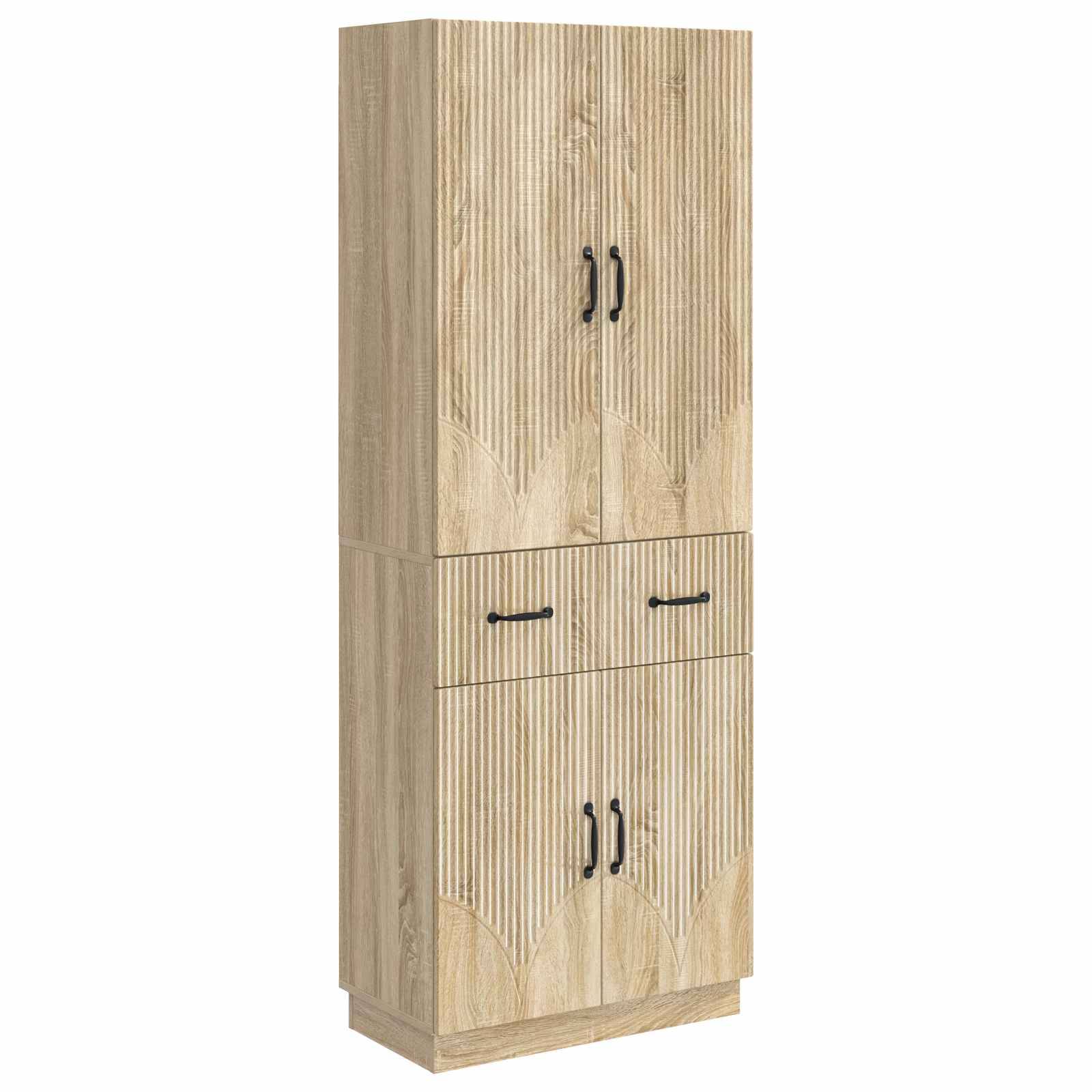 Hoher Lagerungsschrank aus hellem Holz mit zwei oberen Türen, zwei mittleren Schubladen und zwei unteren Türen, abgebildet auf weißem Hintergrund.