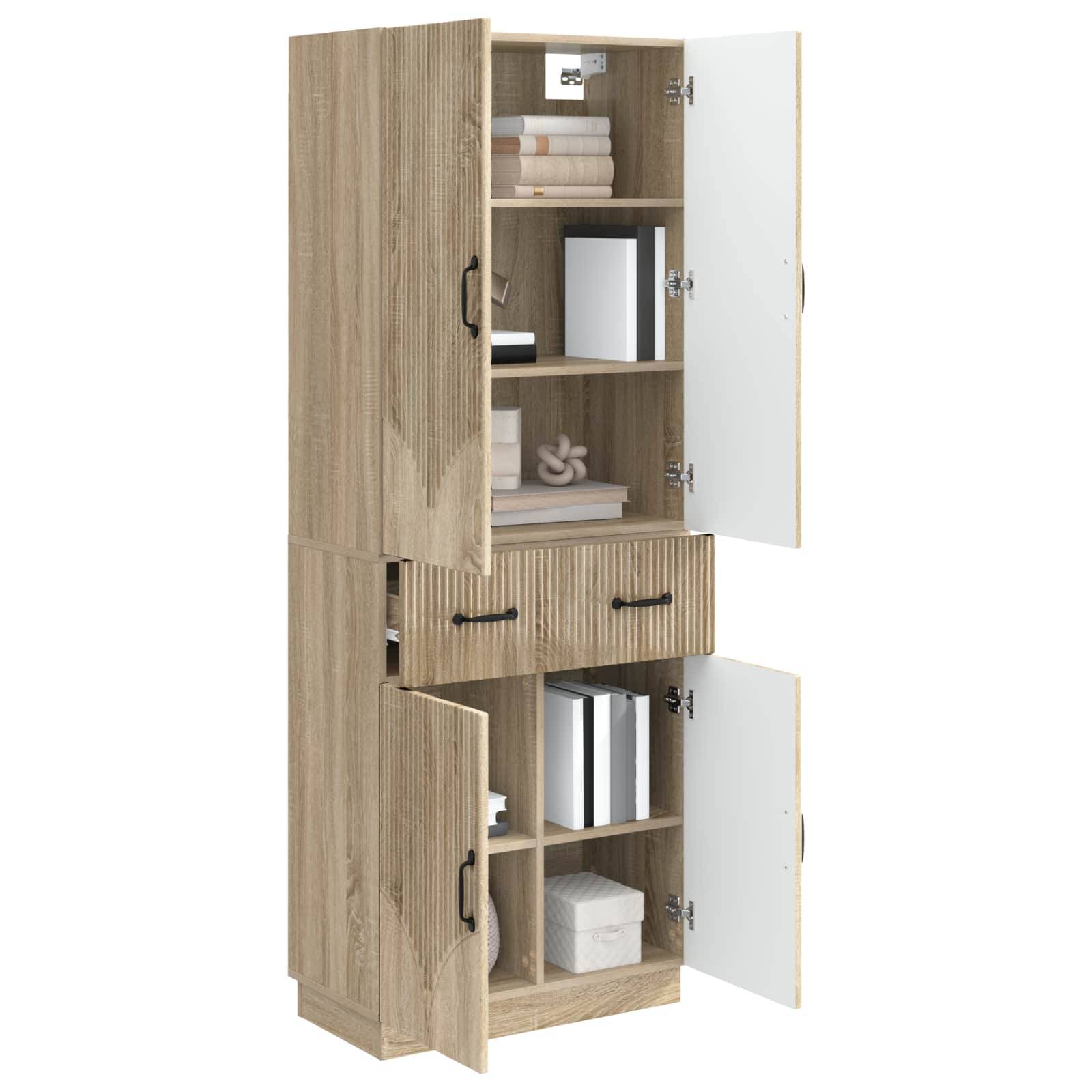 Hoher Holzlagerschrank mit offenen Türen, Regalen und Schubladen, der mehrere Fächer zum Organisieren von Büchern und Haushaltsgegenständen zeigt.