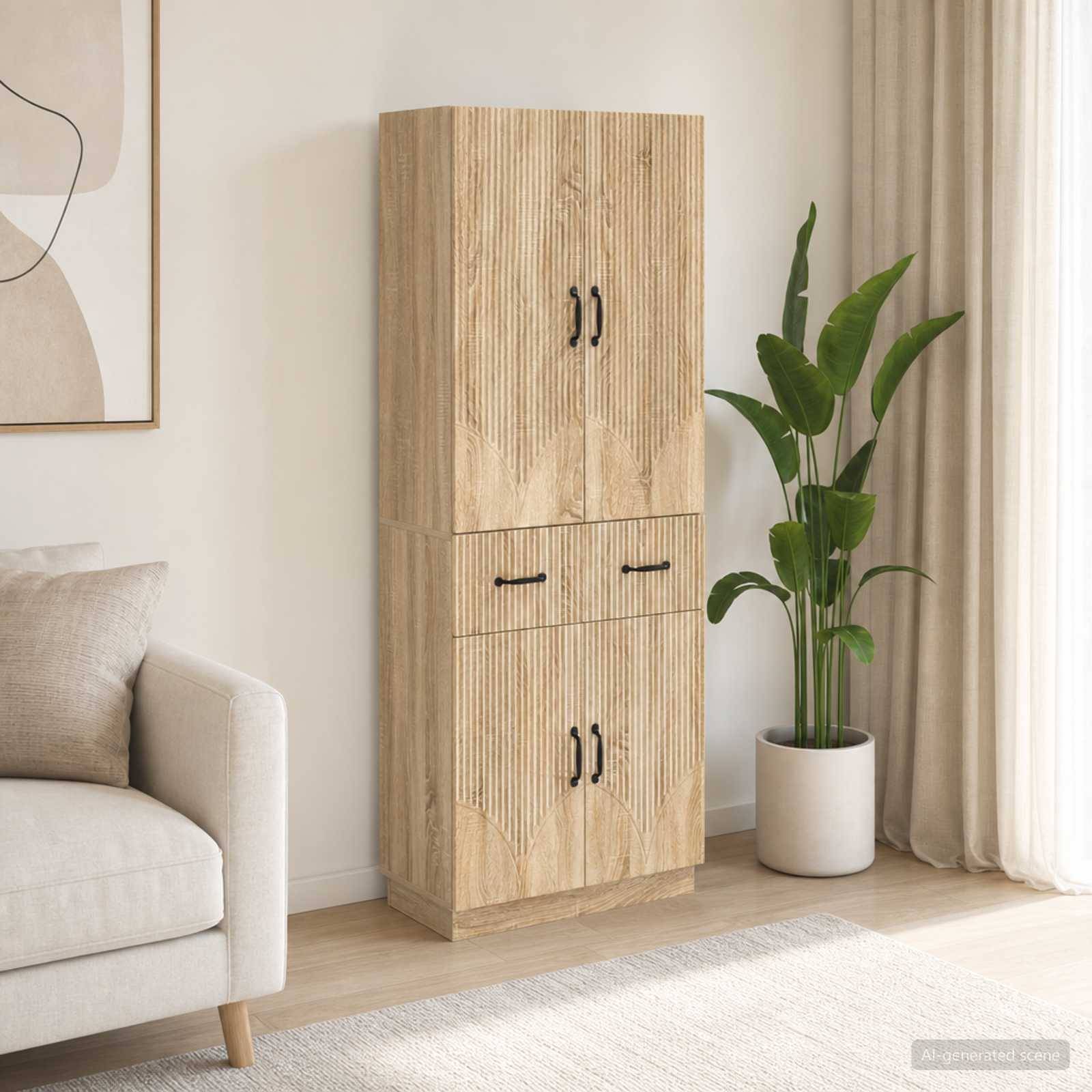 Hoher Lagerungsschrank aus hellem Holz mit Türen im Rattanstil steht neben einer Topfpflanze in einem hellen, minimalistischen Wohnzimmer.