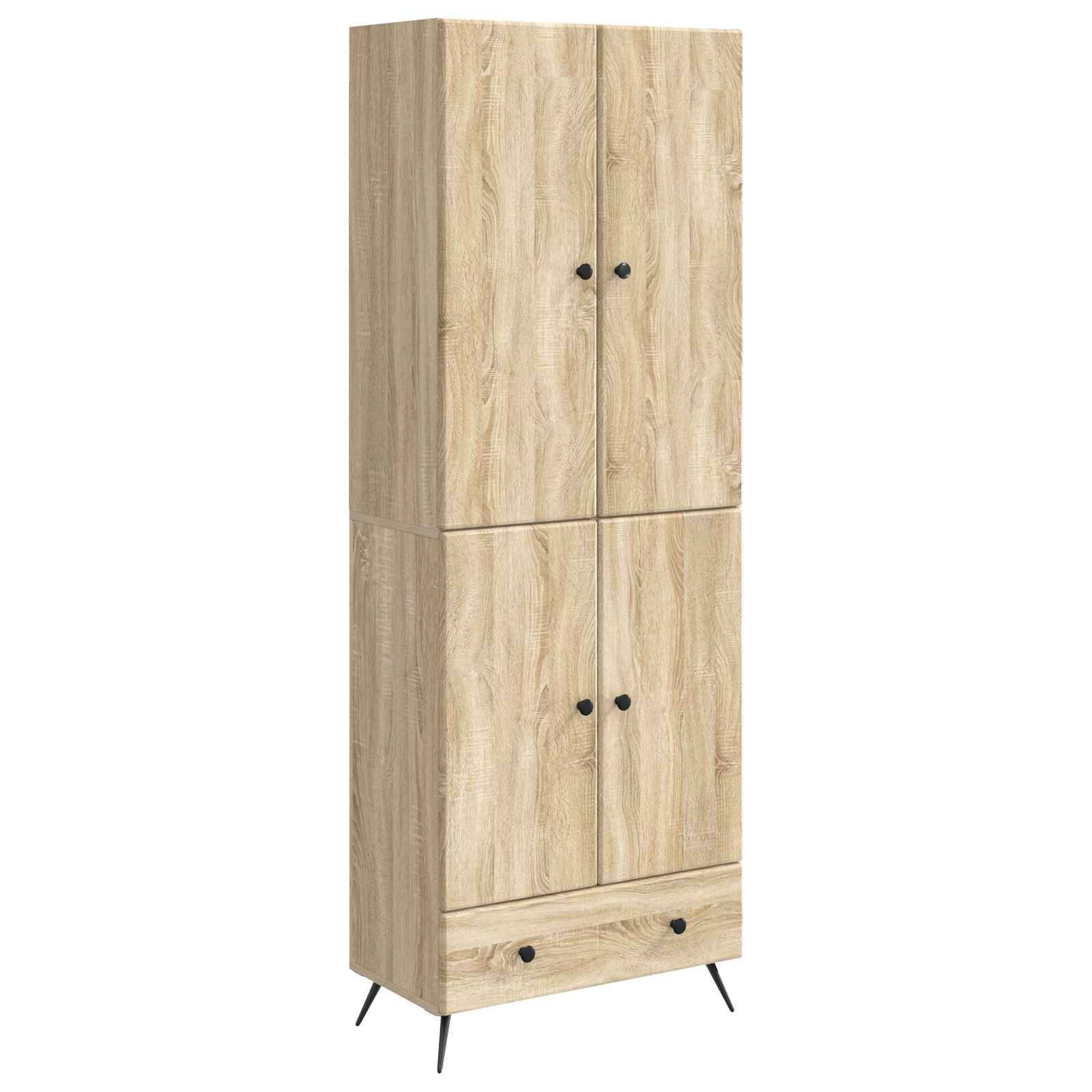 Hoher Lagerschrank aus hellem Holz mit vier Türen und einer unteren Schublade, gezeigt auf schrägen schwarzen Beinen vor weißem Hintergrund.