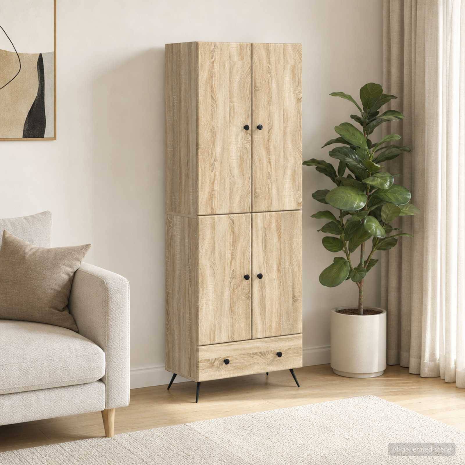 Ein Holzlagerungsschrank mit zwei oberen Türen, zwei unteren Türen und einer Schublade steht neben einer Topfpflanze in einem hellen Wohnzimmer.