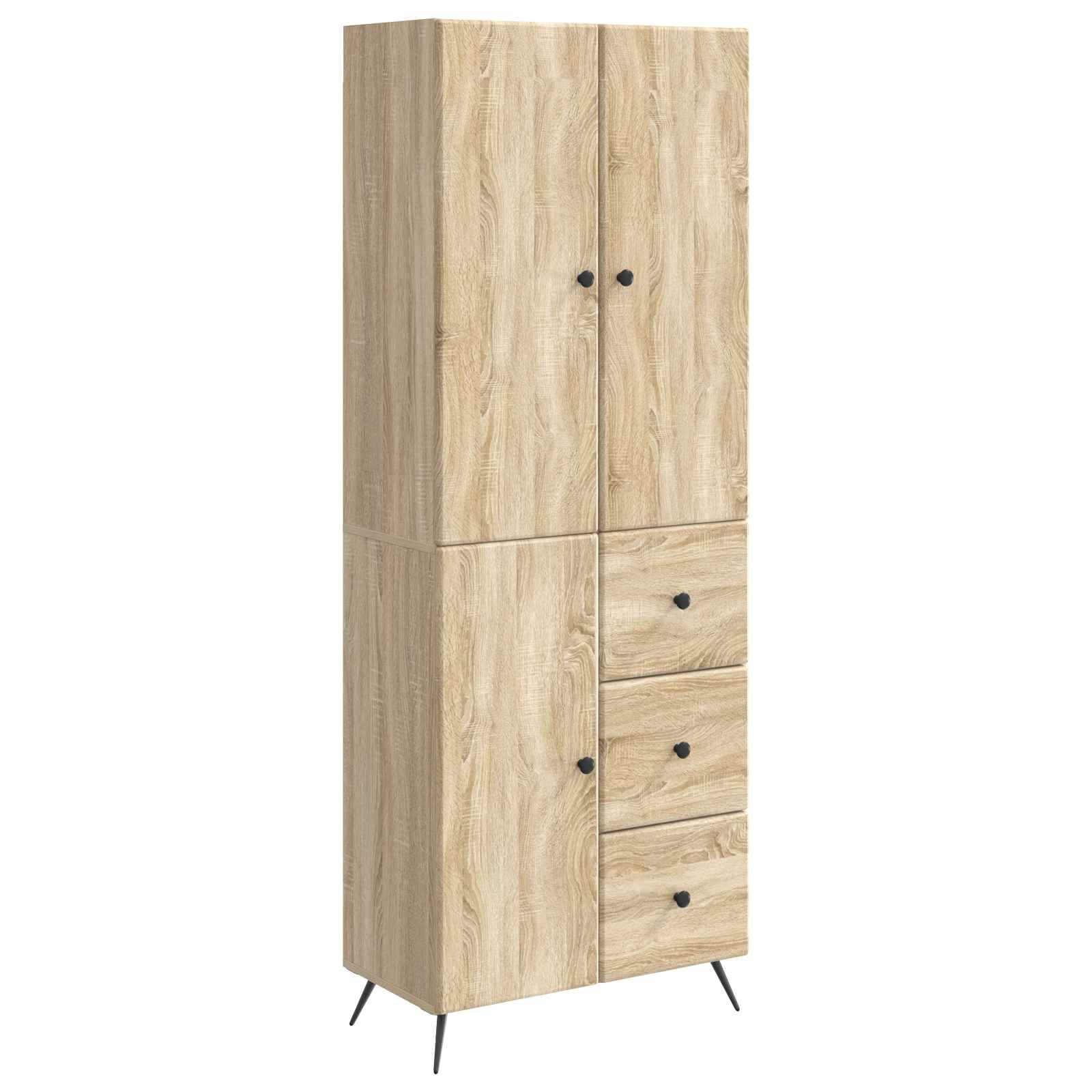 Hoher Schrank aus hellem Holz mit zwei Türen und drei Schubladen, dargestellt auf schlanken schwarzen Beinen.