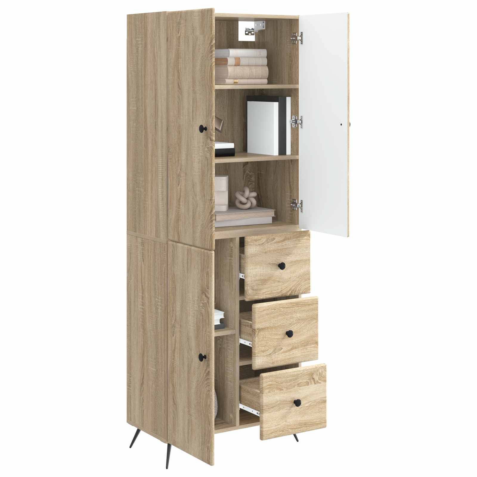 Hoher Holzschrank mit offenen oberen Regalen, drei Schubladen und einer offenen Tür, die die innere Lagerfläche zeigt.