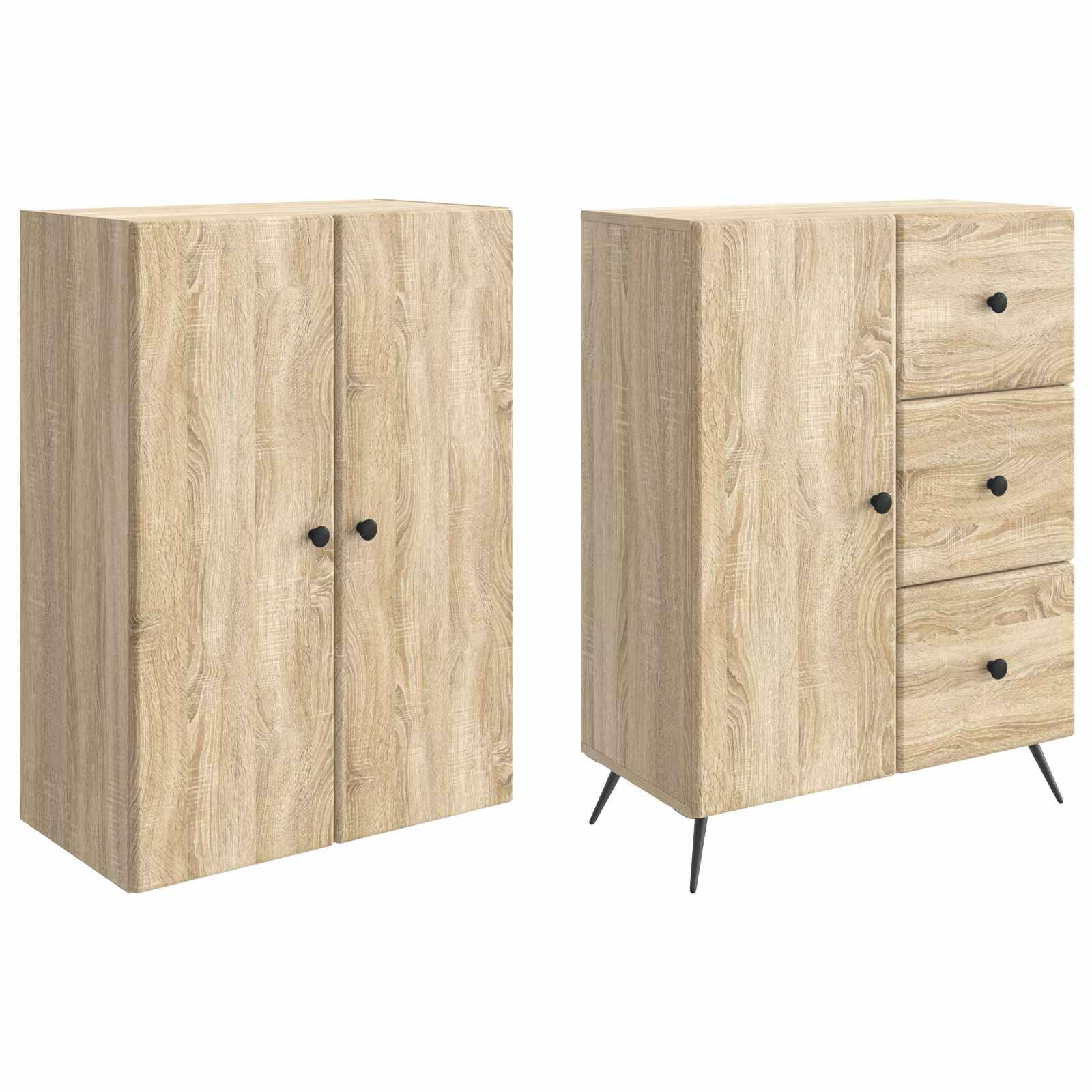 Zwei hell gefärbte Holzlagerschränke nebeneinander dargestellt: einer mit Doppeltüren, der andere mit einer Tür und drei Schubladen auf Beinen.