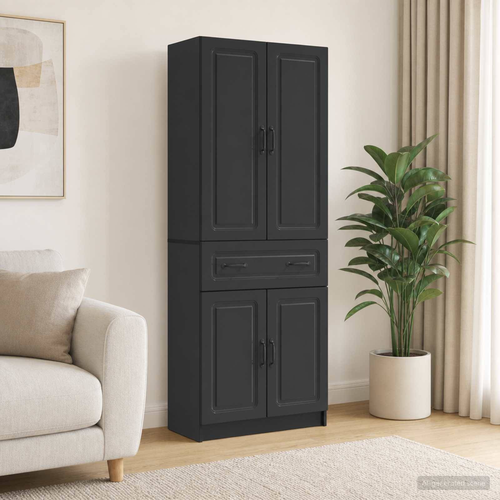 Hoher schwarzer Schrank mit vier Türen und zwei Schubladen in einem Wohnzimmer neben einem Sofa, einer Pflanze und Vorhängen.
