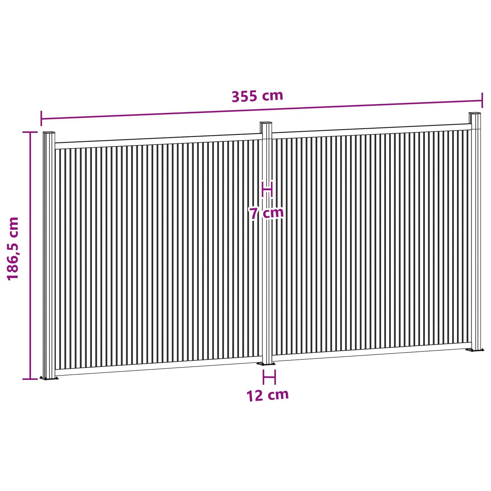 Technische Zeichnung eines Lattenzaun-Elements, mit einer Breite von 355 cm und einer Höhe von 186,5 cm beschriftet, mit einer zentralen Pfosten-Breite von 7 cm und einer Sockelbreite von 12 cm.