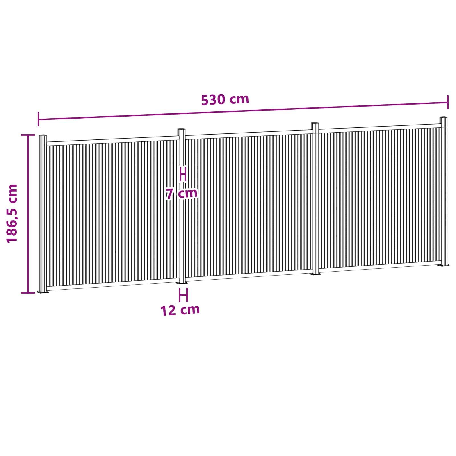 Diagramm eines Lamellenzaunfeldes mit Abmessungen: 530 cm breit, 186,5 cm hoch, mit Pfosten 12 cm breit und 7 cm dick.