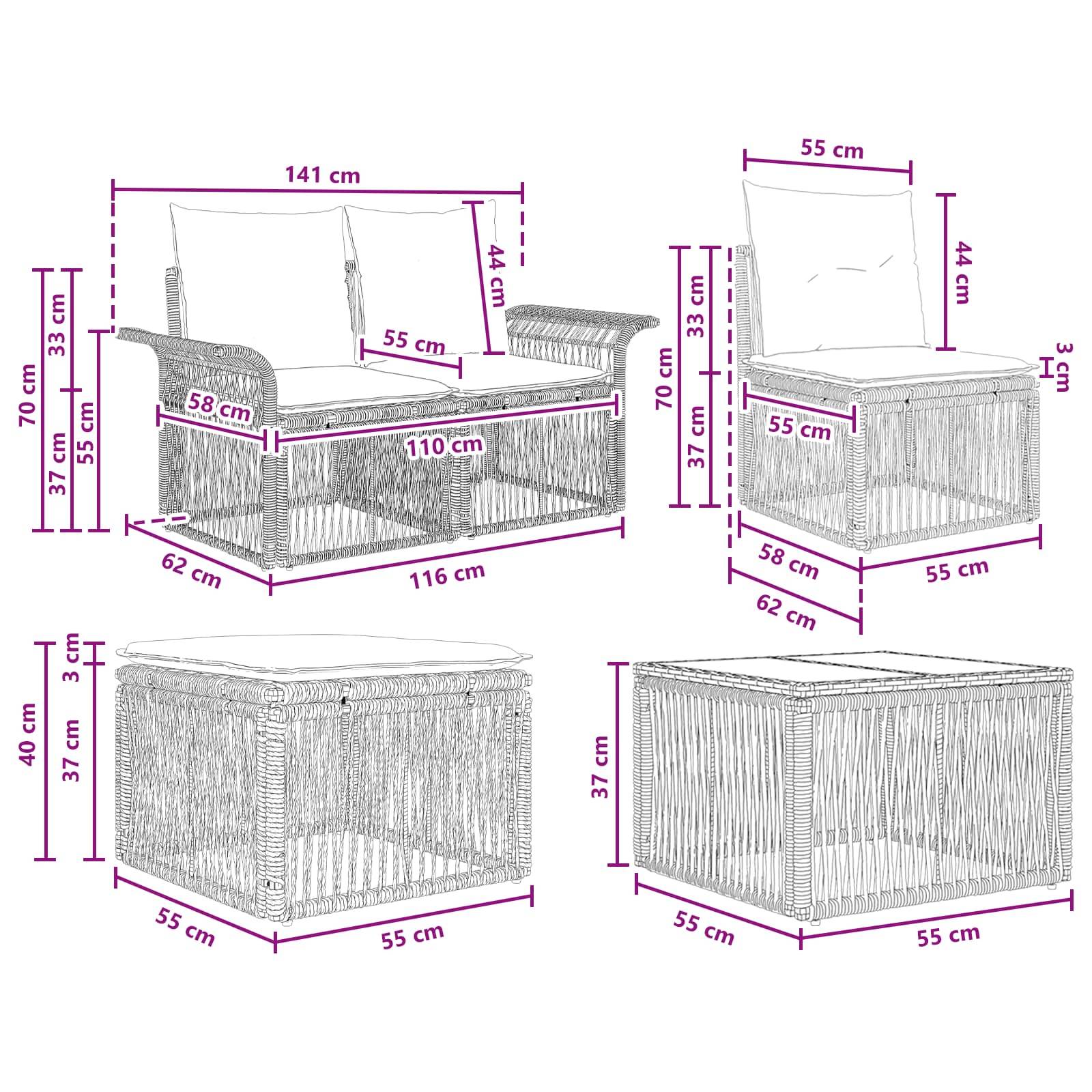 vidaXL Gartensofa-set 11 pcs Schwarz Poly-Rattan
