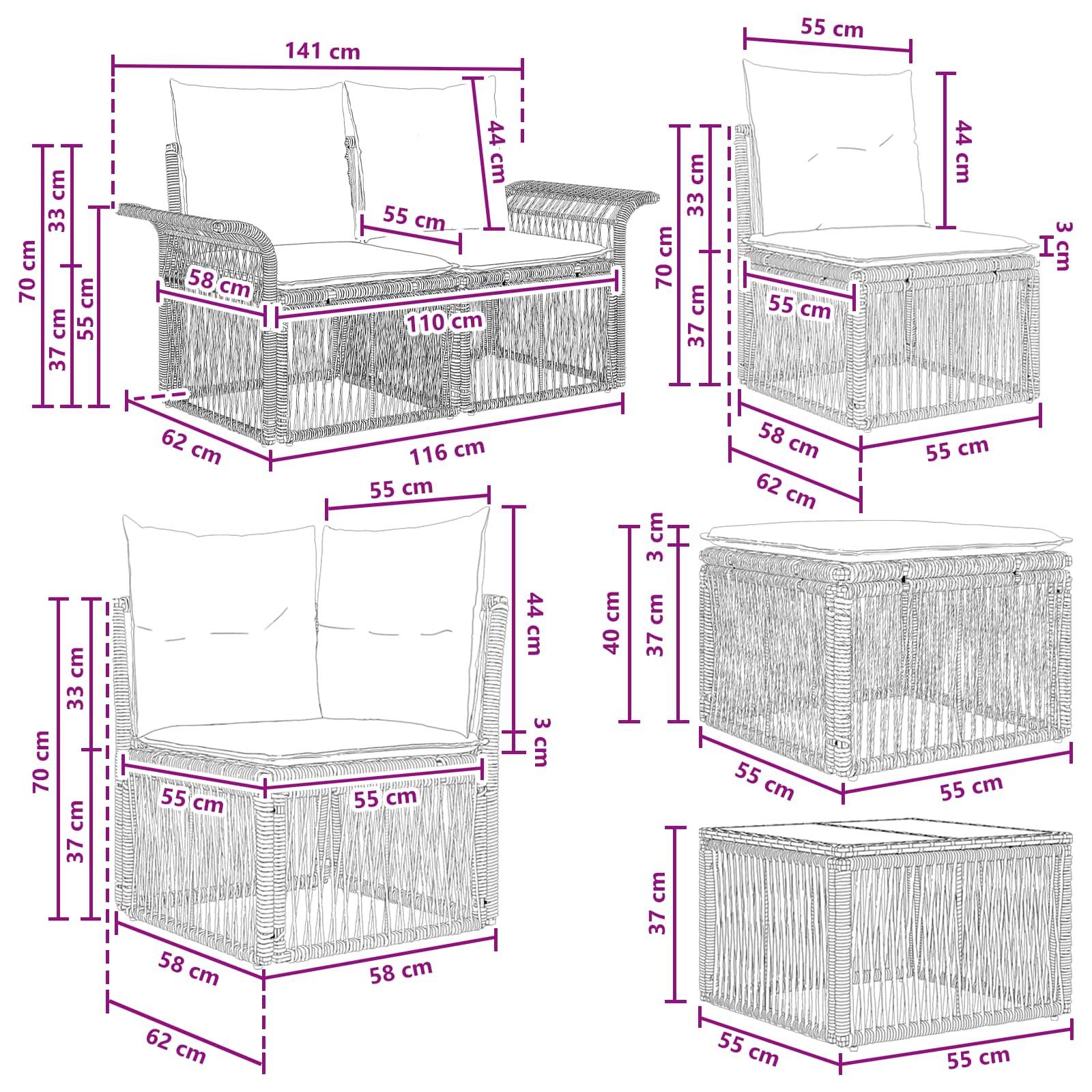 vidaXL Gartensofa-set 13 pcs Schwarz und Cremeweiß Poly-Rattan