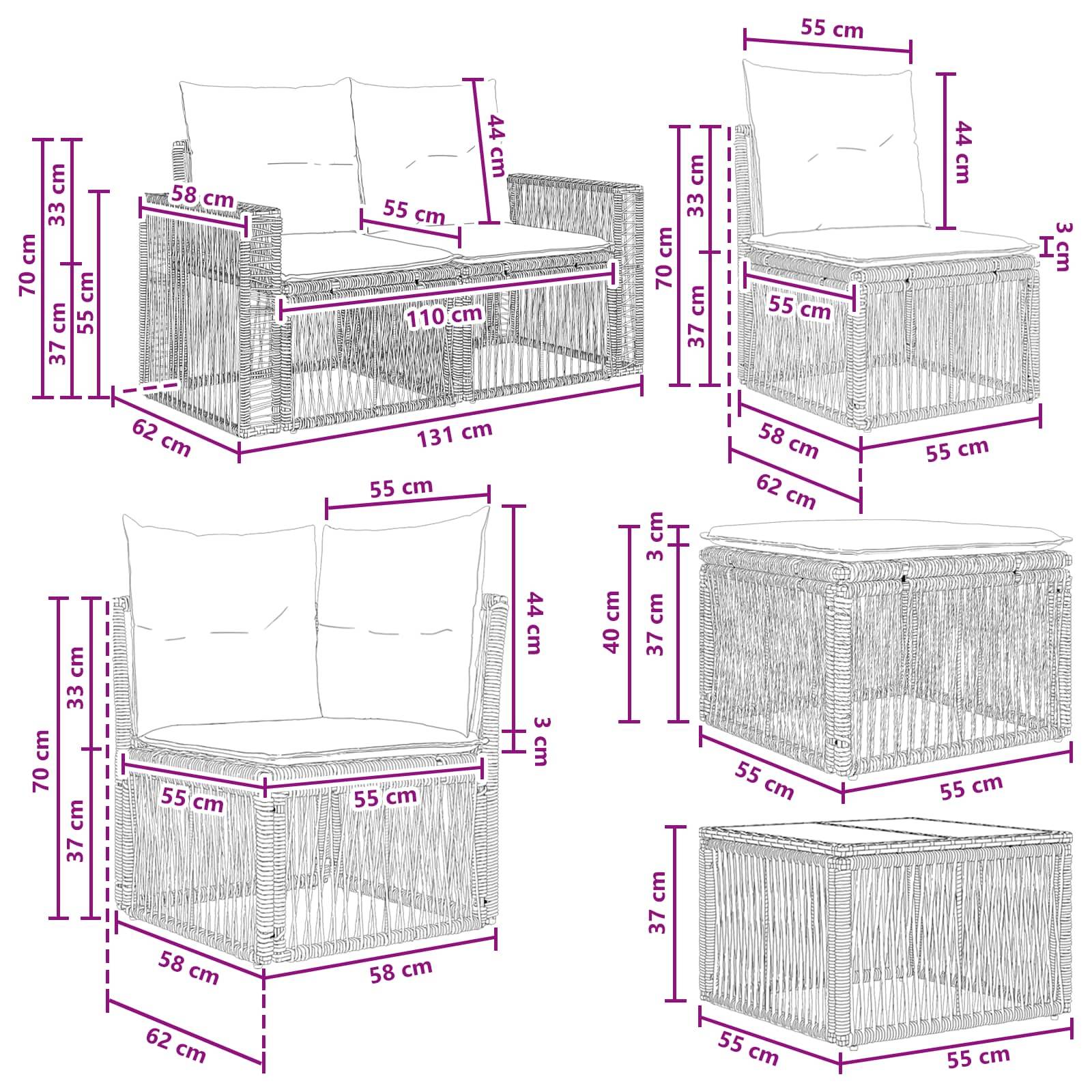 vidaXL Gartensofa-set 9 pcs Schwarz und Cremeweiß Poly-Rattan