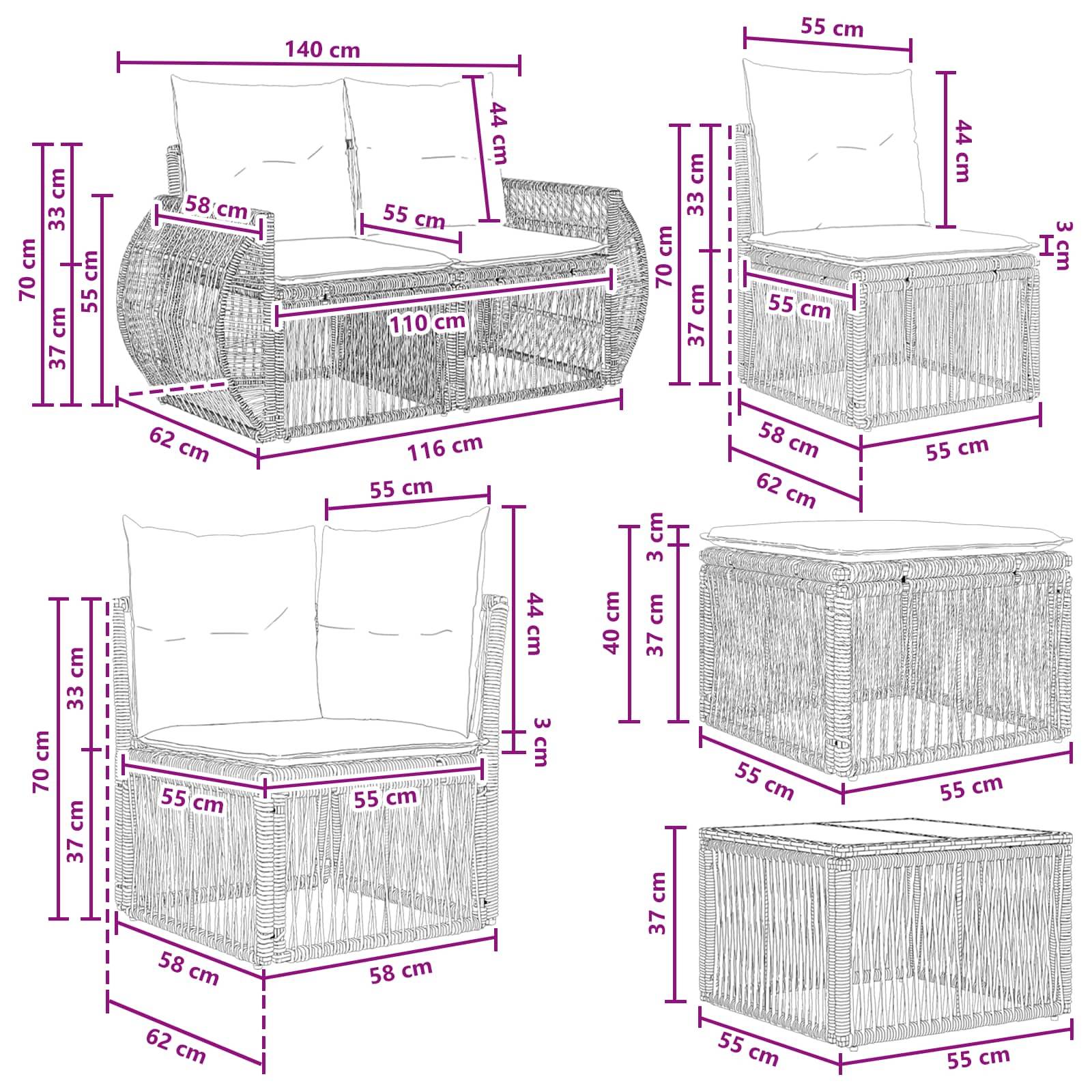 vidaXL Gartensofa-set 13 pcs Schwarz Poly-Rattan