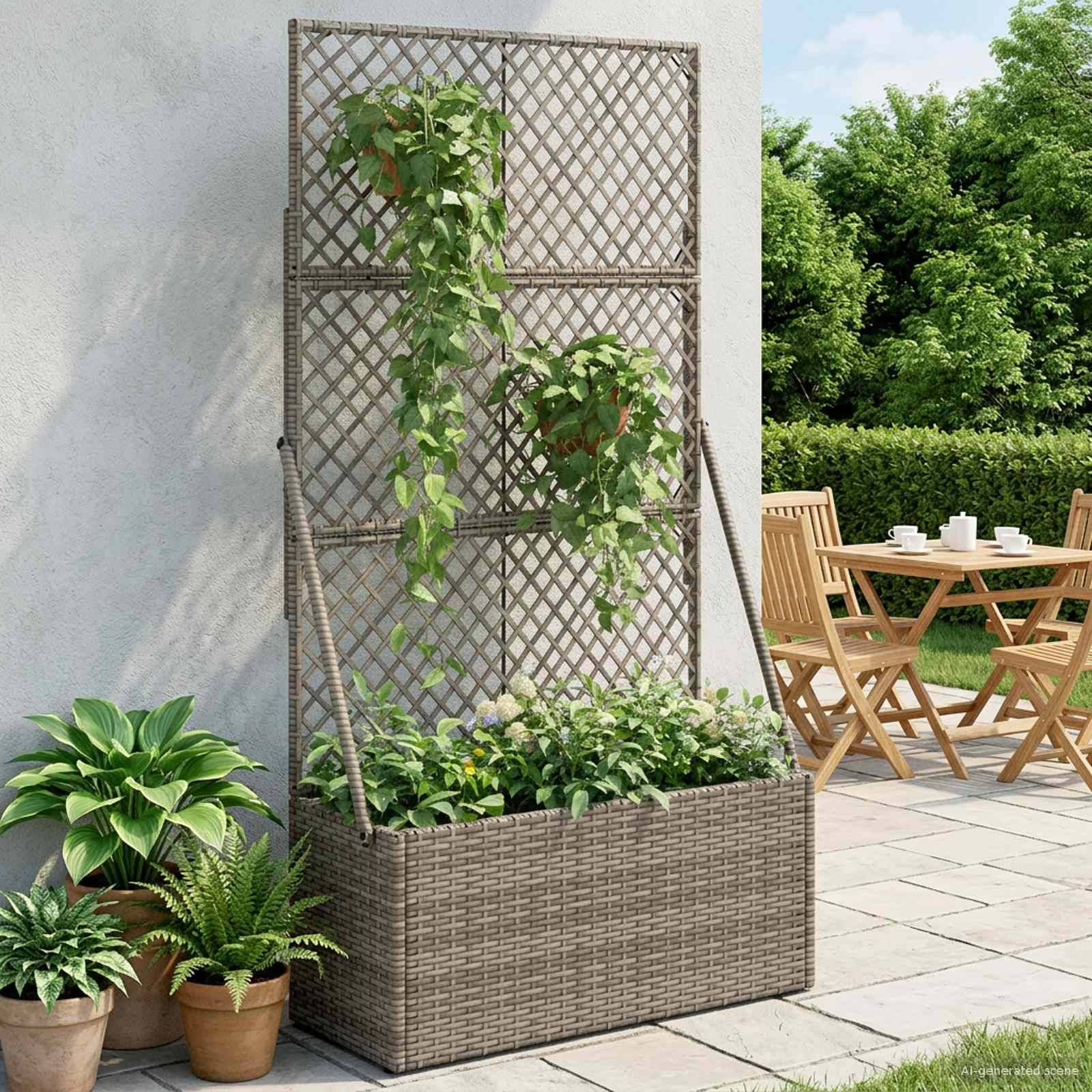 vidaXL Gartenpflanzer mit Gitter Grau 70 x 30 x 135 cm Poly-Rattan