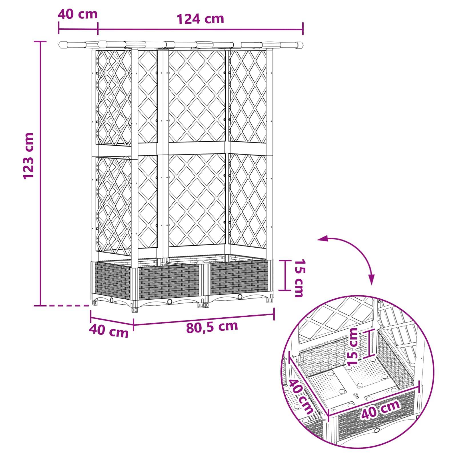 vidaXL Hochbeet mit Rankgitter und Dach Braun 124 x 40 x 123 cm PP