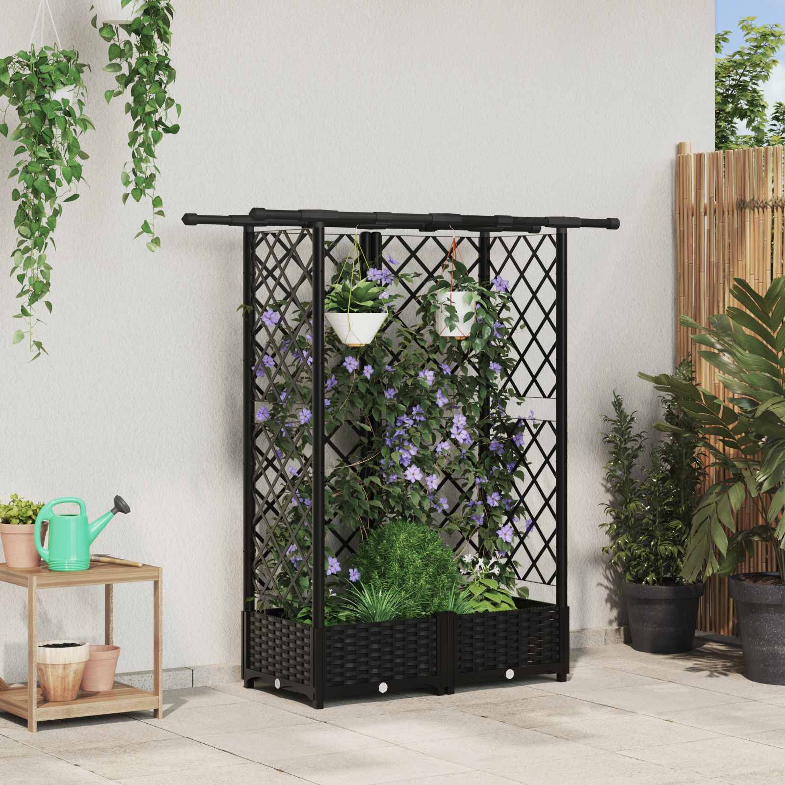 vidaXL Hochbeet mit Rankgitter und Dach Schwarz 124 x 40 x 123 cm PP