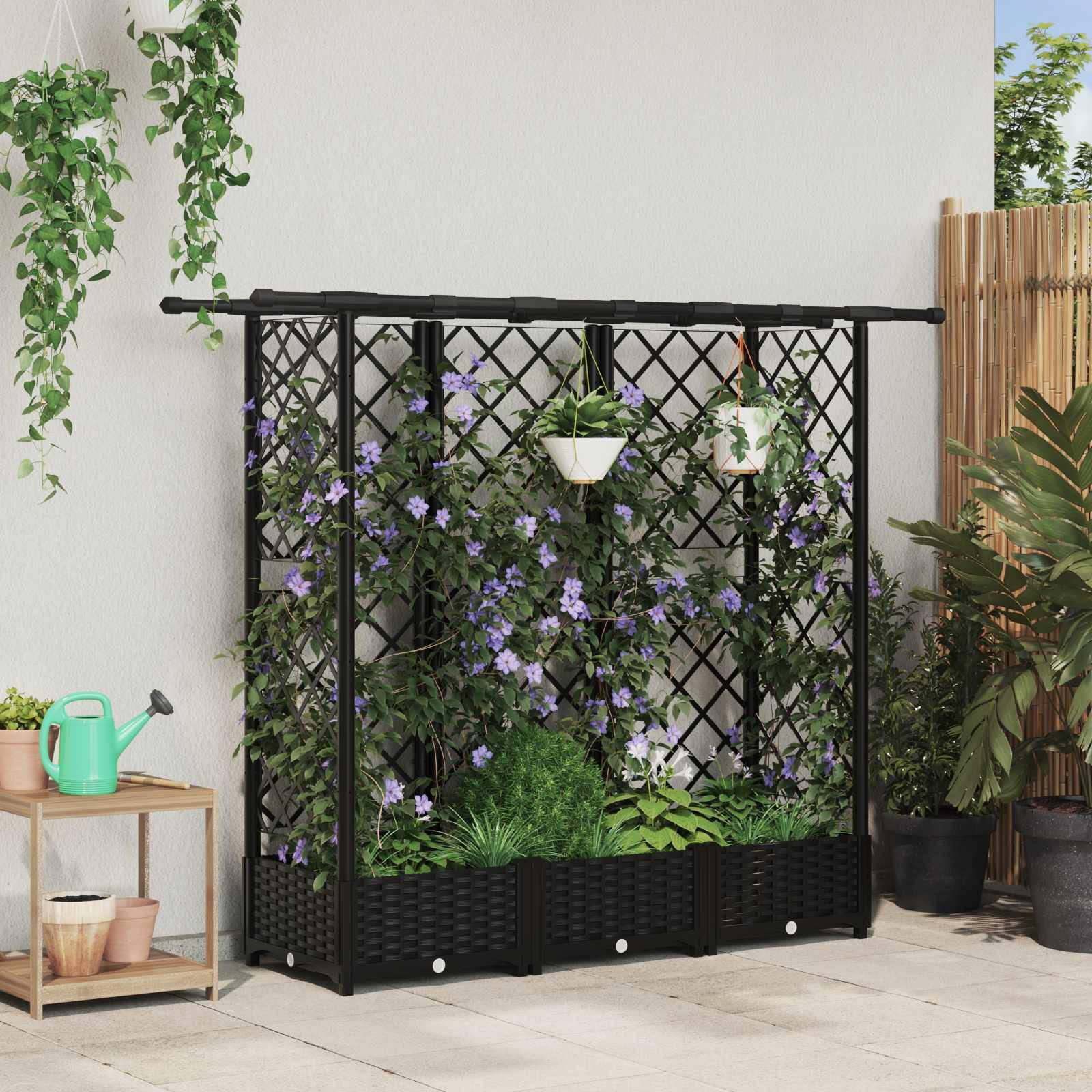 vidaXL Hochbeet mit Rankgitter und Dach Schwarz 164 x 40 x 123 cm PP