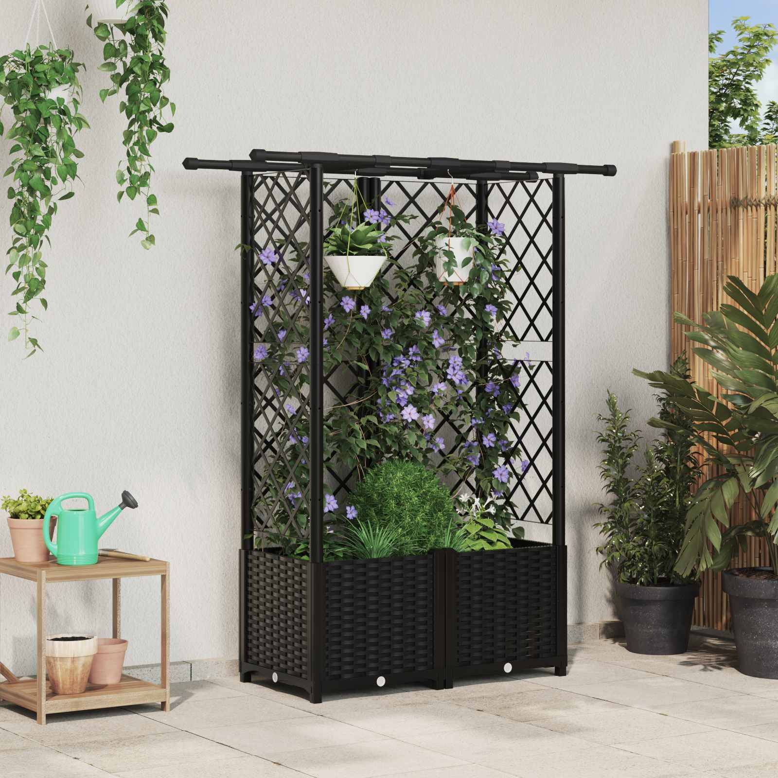 vidaXL Hochbeet mit Rankgitter und Dach Schwarz 124 x 40 x 138 cm PP