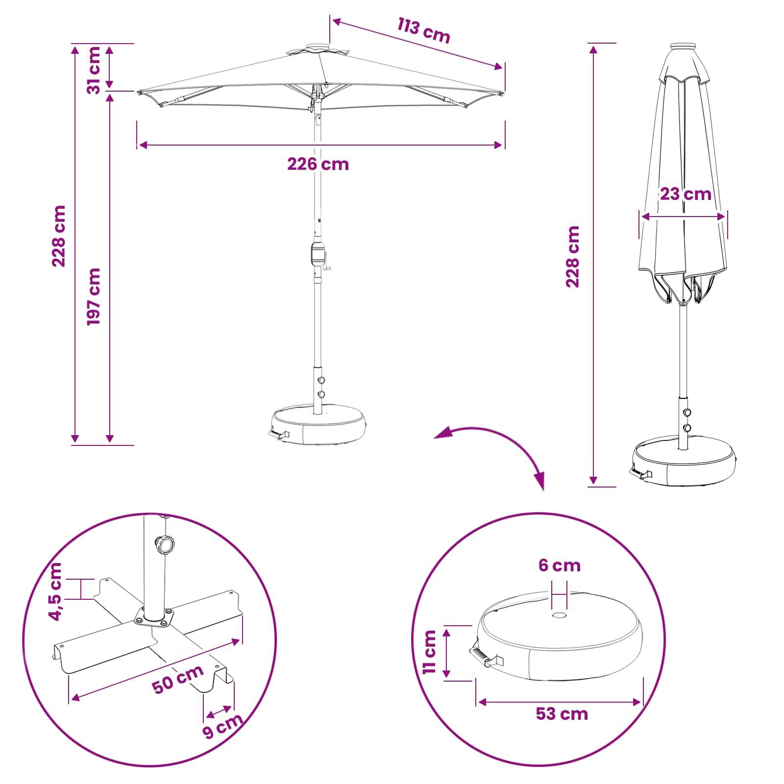 Technisches Diagramm eines Pendelschirms für die Terrasse mit offenen und geschlossenen Abmessungen: 226 cm Breite, 228 cm Höhe, 113 cm Baldachintief, 50 cm Basis, 53 cm runde Basis und 23 cm Faltbreite.