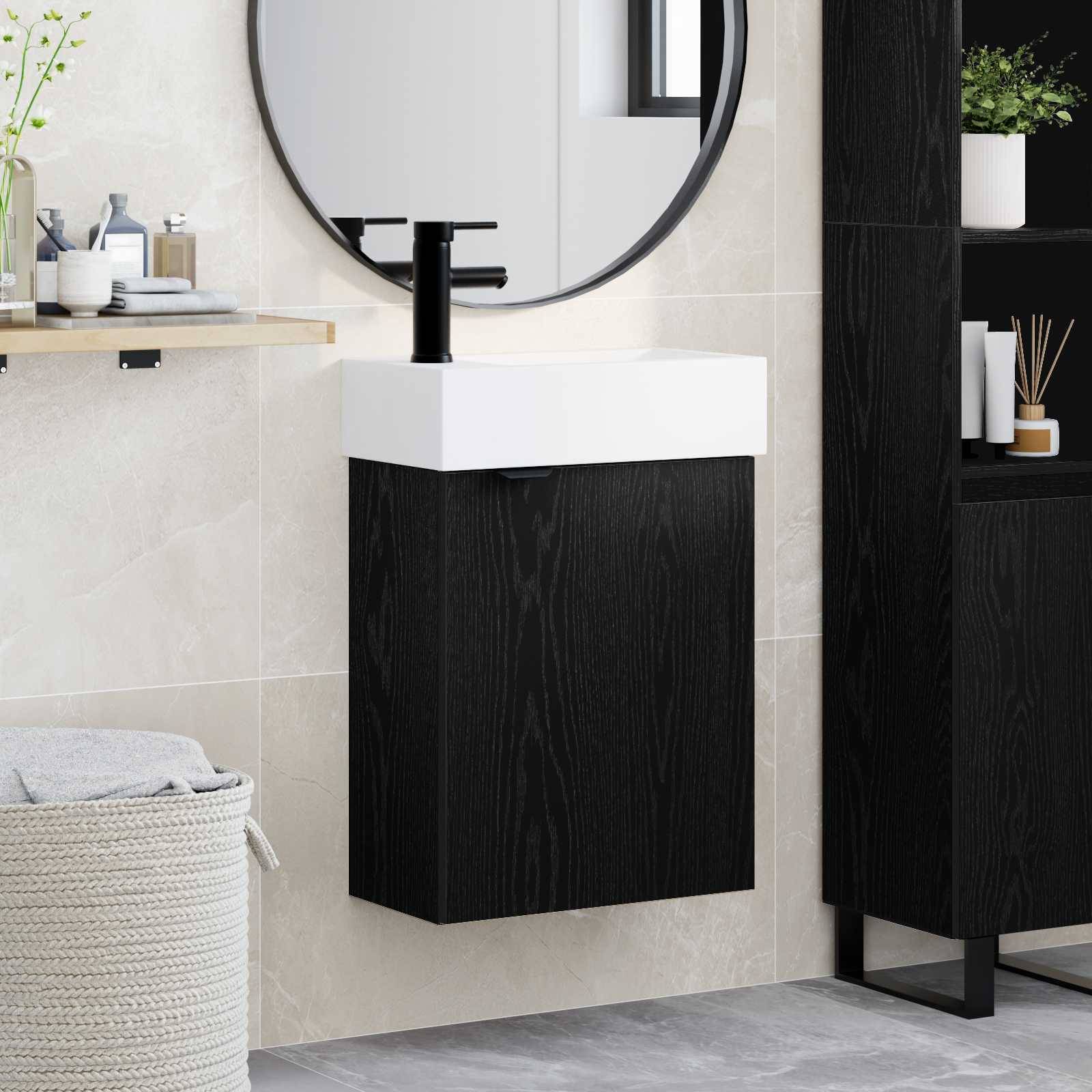 vidaXL Badezimmer Waschtischunterschrank mit Wasserhahn Schwarze Eiche