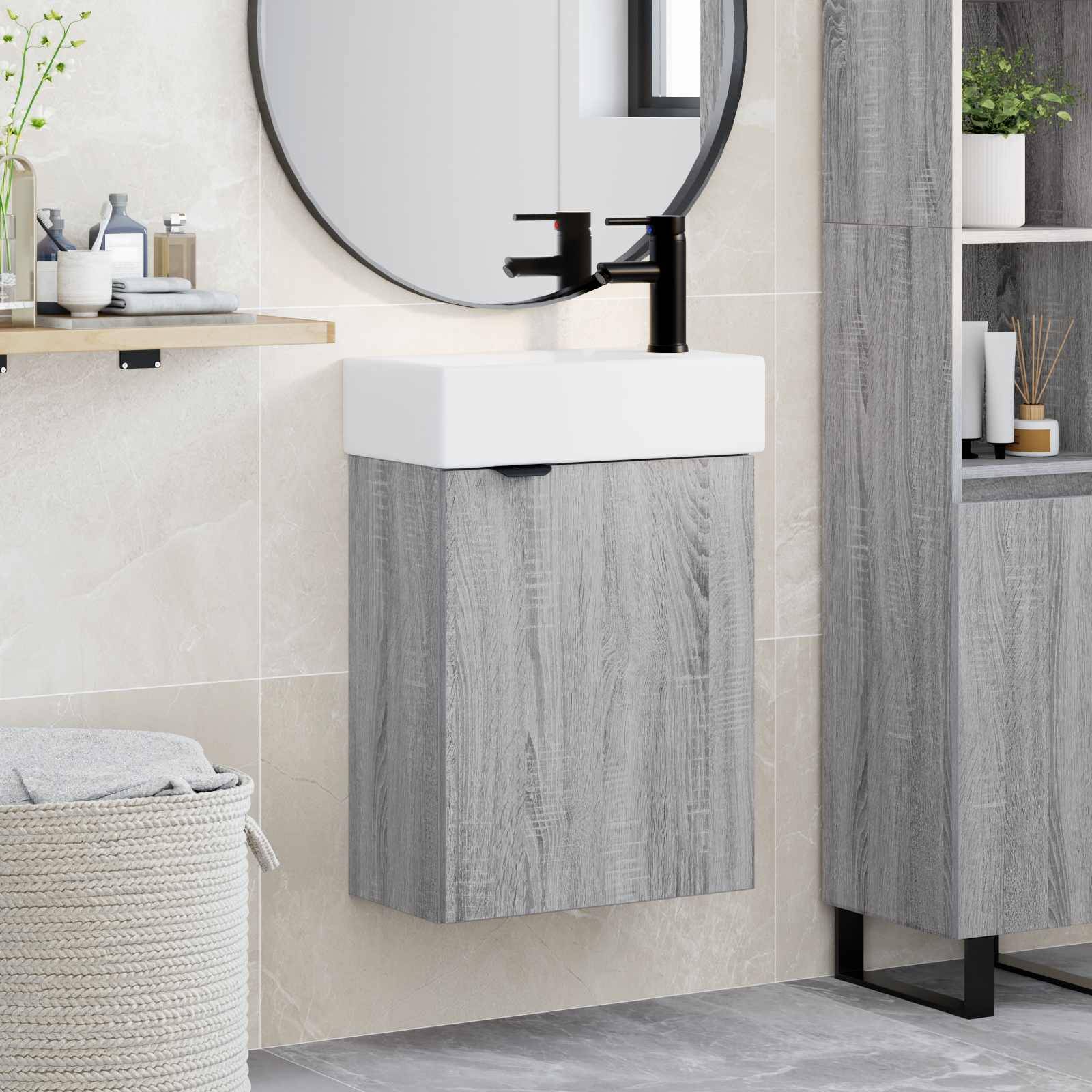 vidaXL Badezimmer Waschtischunterschrank mit Wasserhahn Grau Sonoma
