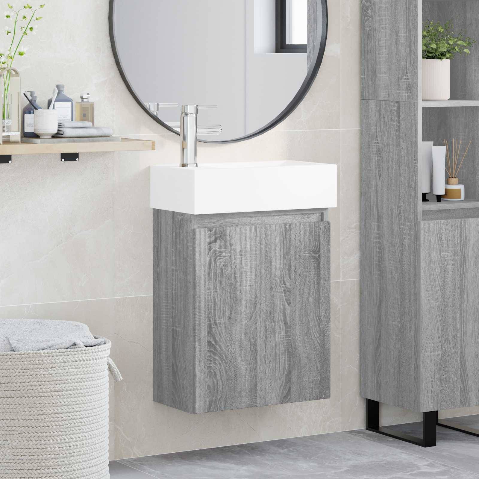 vidaXL Badezimmer Waschtischunterschrank mit Wasserhahn Grau Sonoma
