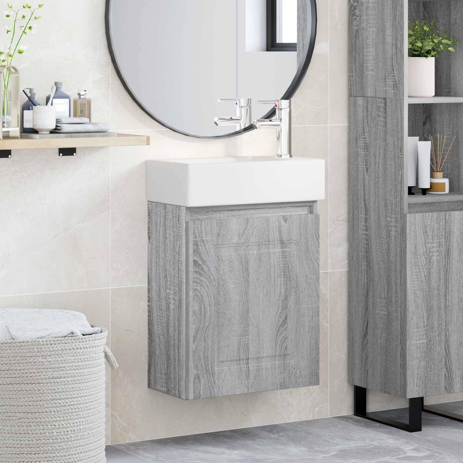 vidaXL Badezimmer Waschtischunterschrank mit Wasserhahn Grau Sonoma