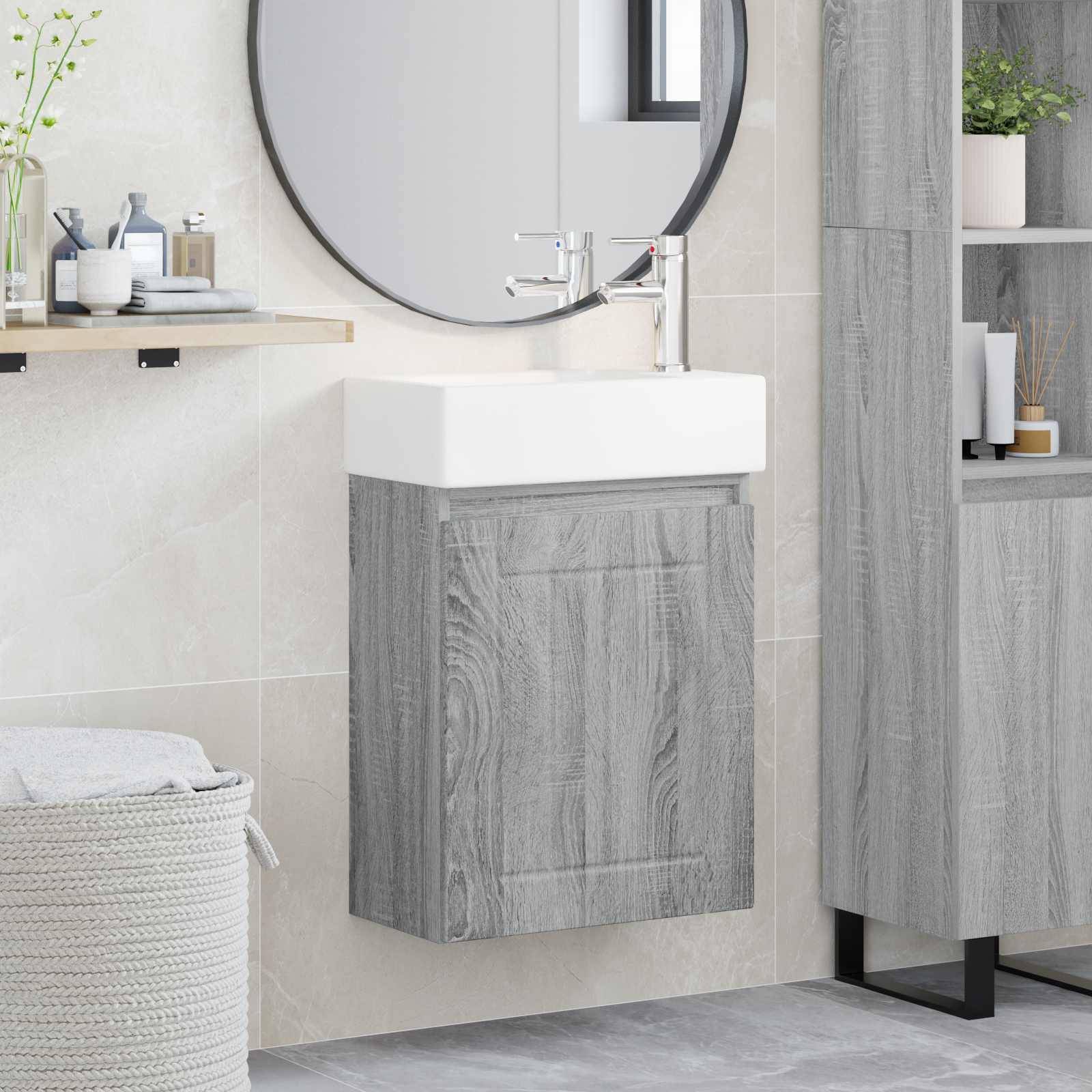 vidaXL Badezimmer Waschtischunterschrank mit Wasserhahn Grau Sonoma