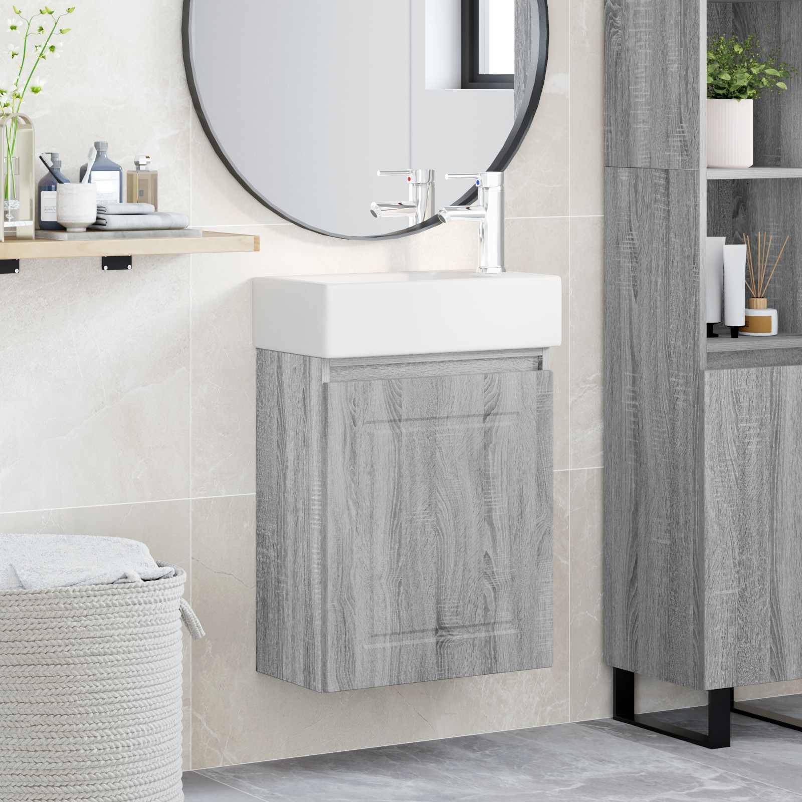 vidaXL Badezimmer Waschtischunterschrank mit Wasserhahn Grau Sonoma