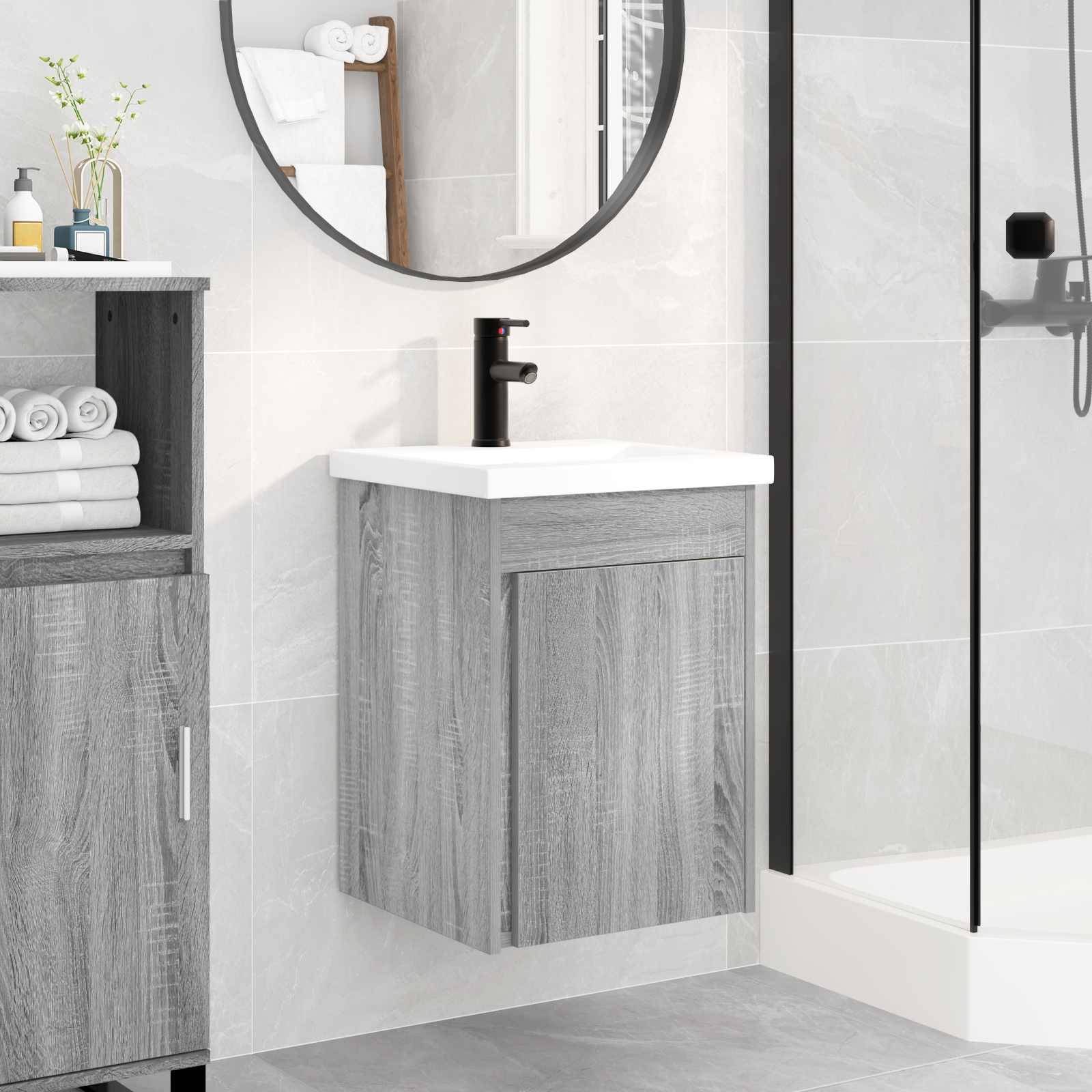 vidaXL Badezimmer Waschtischunterschrank mit Wasserhahn Grau Sonoma