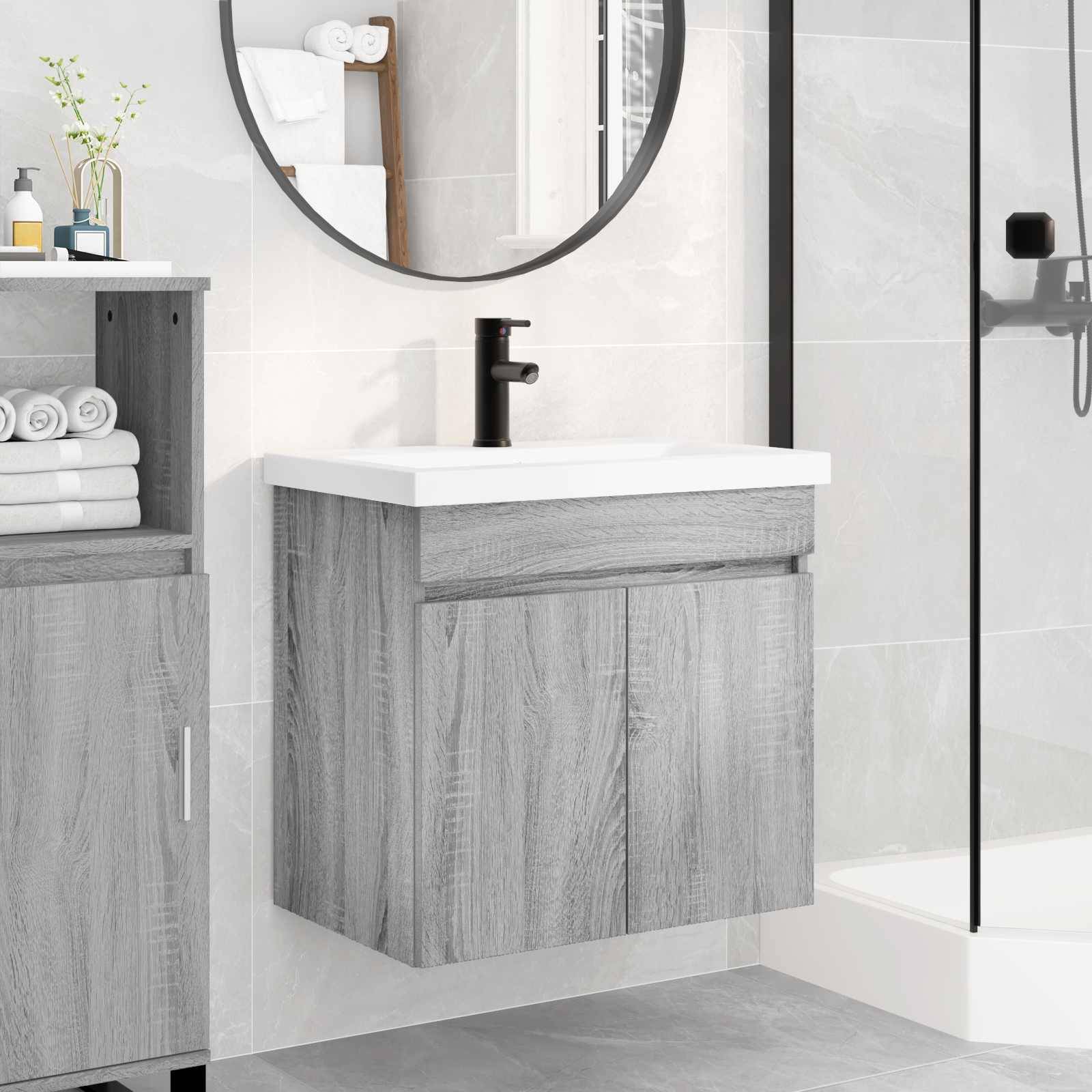 vidaXL Badezimmer Waschtischunterschrank mit Wasserhahn Grau Sonoma