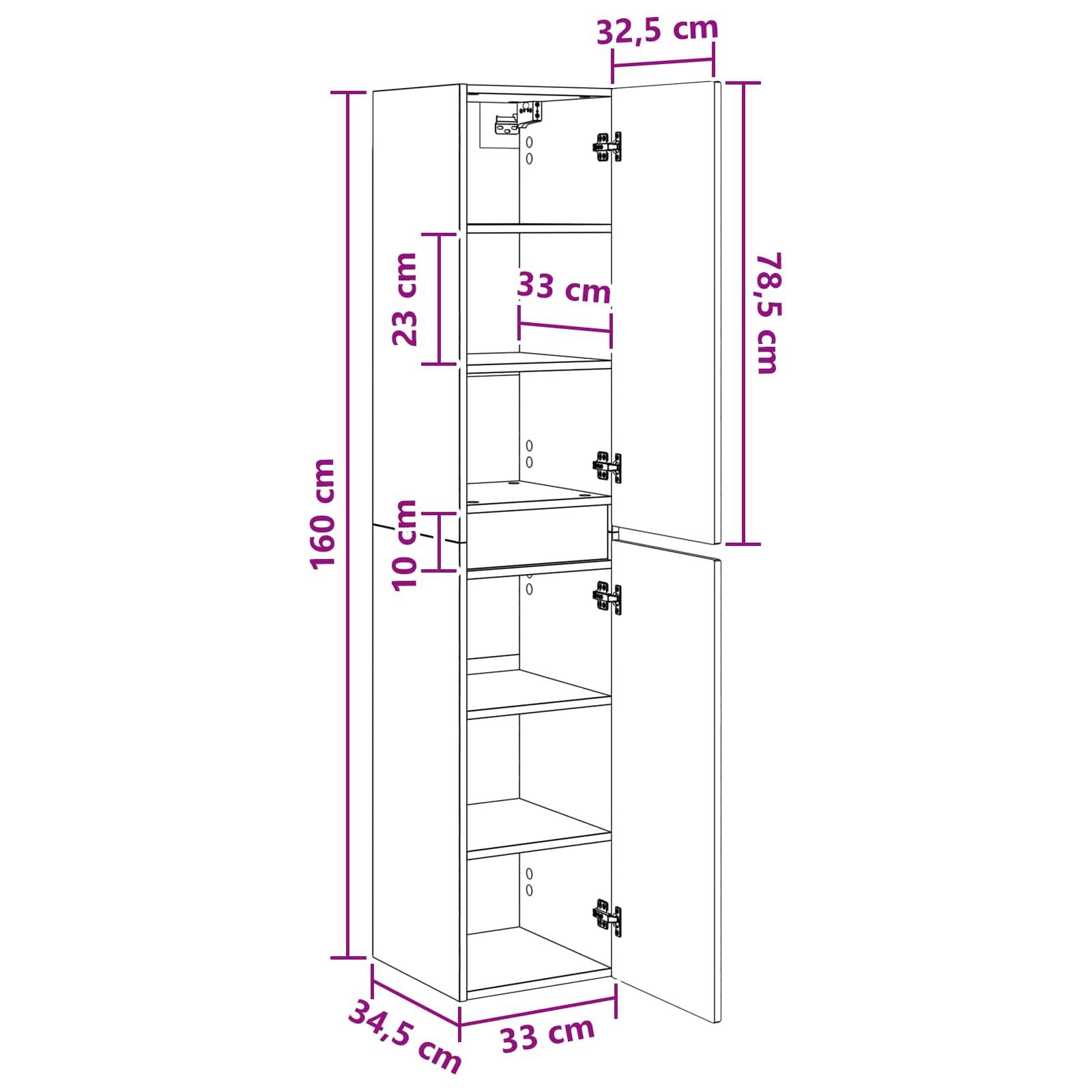 vidaXL Wandmontierter Badezimmerschrank Schwarz 33 x 34,5 x 160 cm