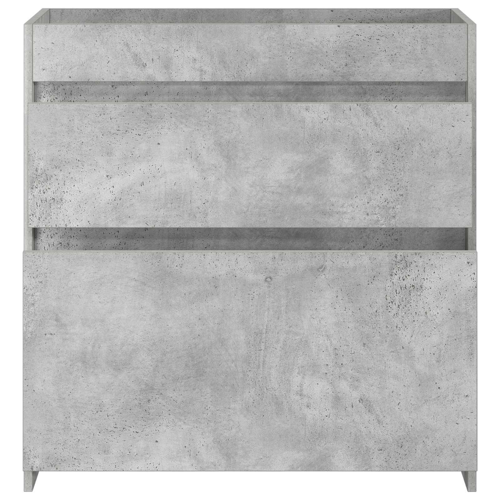 Graues Betonschrank mit drei horizontalen Frontpaneelen und einer vertieften offenen Oberseite, vor einem einfachen weißen Hintergrund dargestellt.