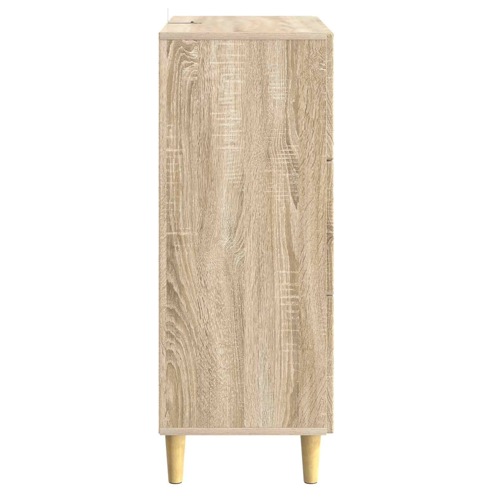 Hoher, heller Holzschrank mit zwei goldenen Beinen, Vorderansicht auf weißem Hintergrund.