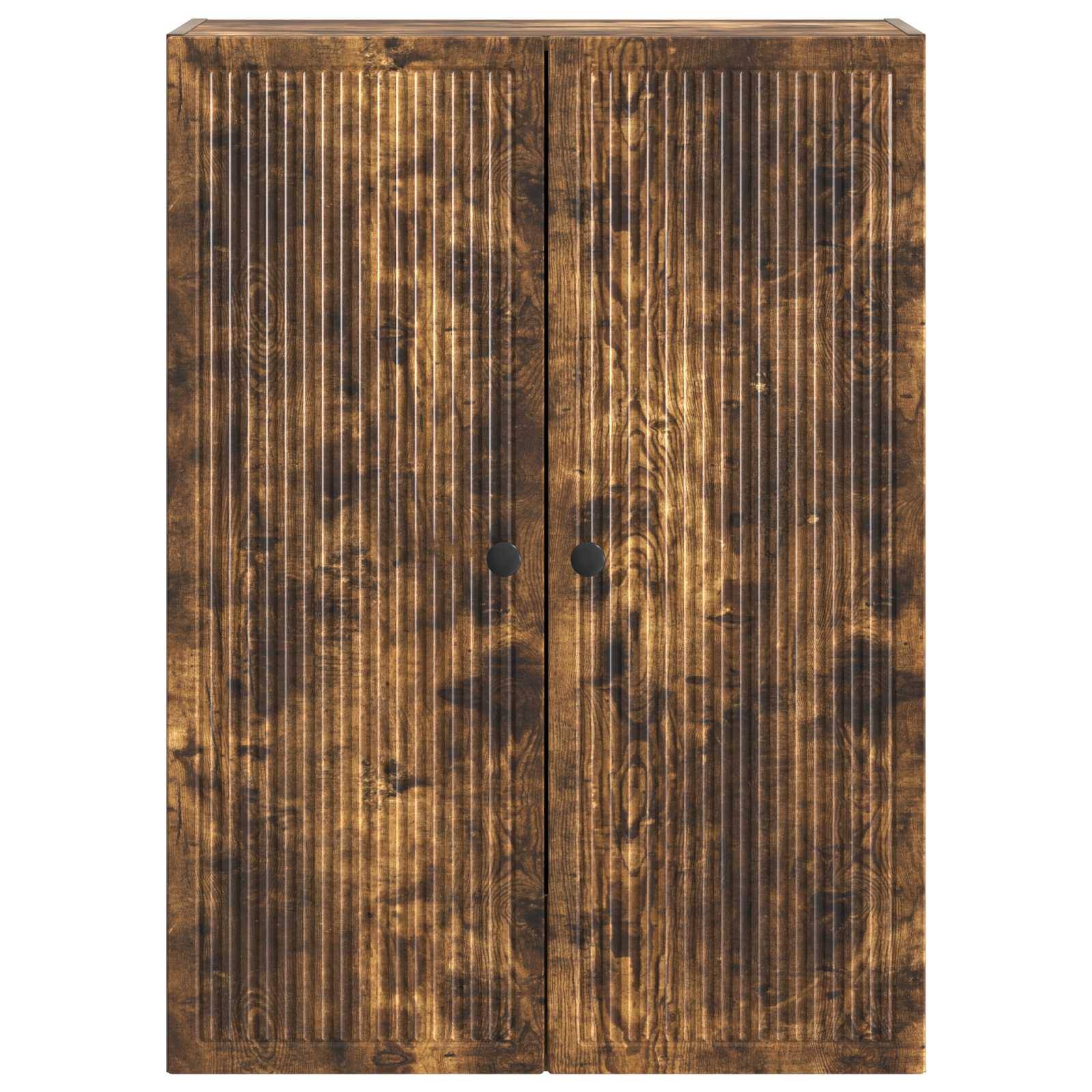 Holzschrank mit zwei Türen, vertikalen gerippten Paneelen und runden schwarzen Griffen.