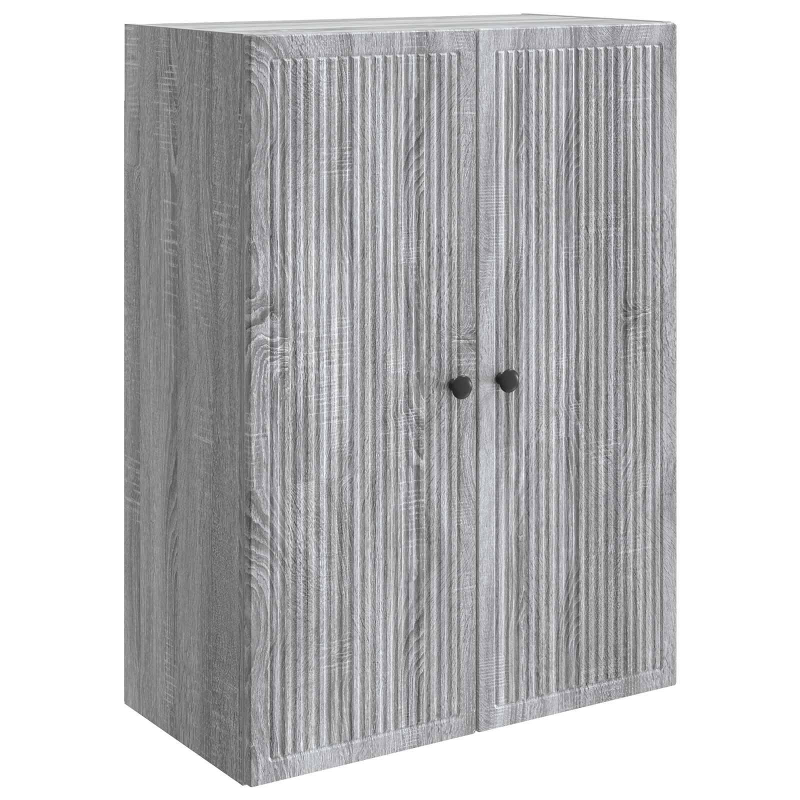 Grauer Speicherschrank mit Holzmaserung und zwei Türen mit runden schwarzen Griffen, gezeigt vor einem einfachen weißen Hintergrund.