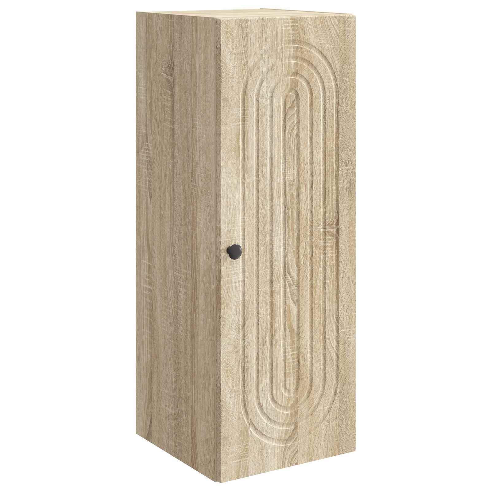 Hohes Schrank aus hellem Holz mit geschnitztem Bogenpaneel und kleinem dunklem Knauf an der Vorderseite.