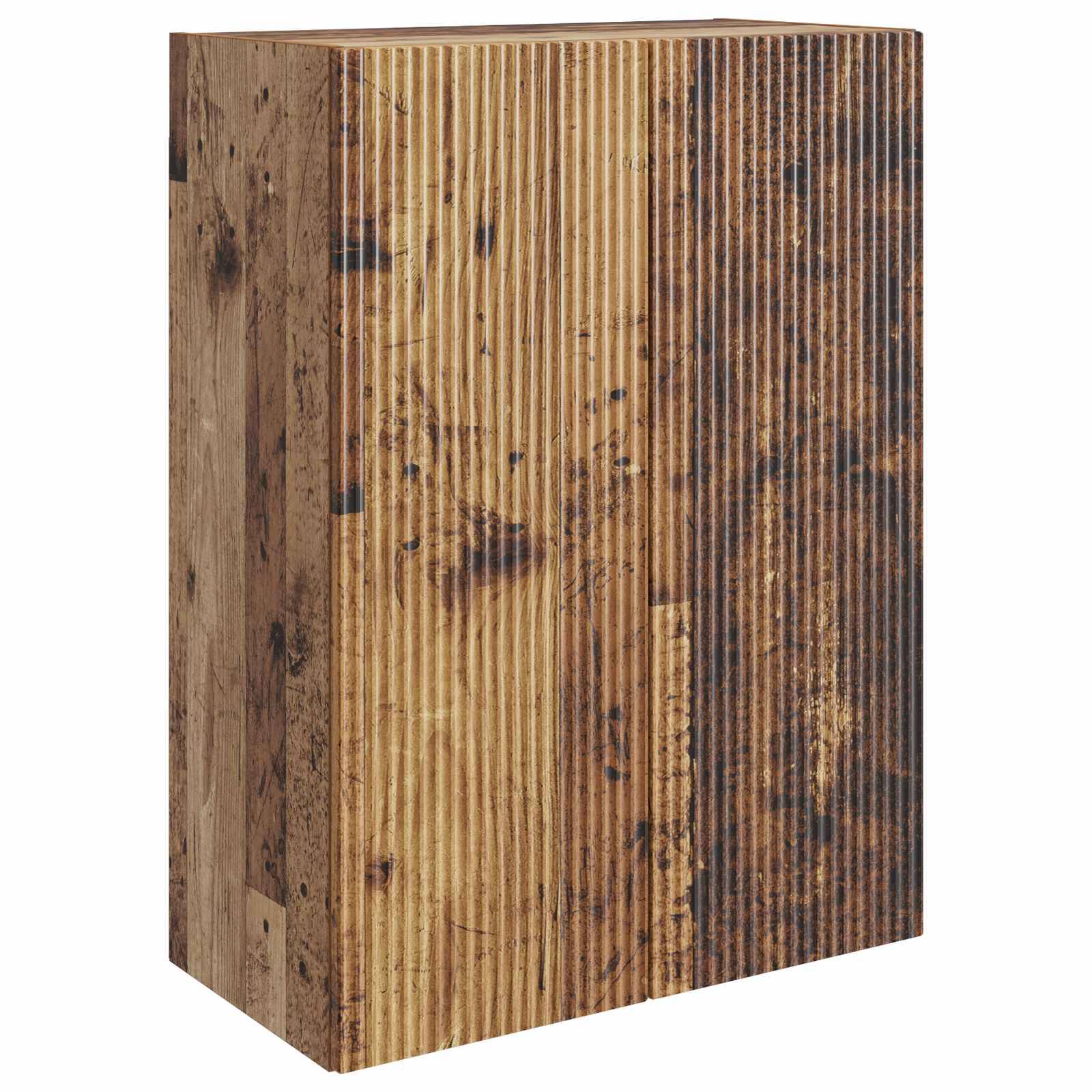 Ein rechteckiger Holzblock mit vertikalen Rippen und einer verwitterten, fleckigen braunen Oberfläche auf weißem Hintergrund.