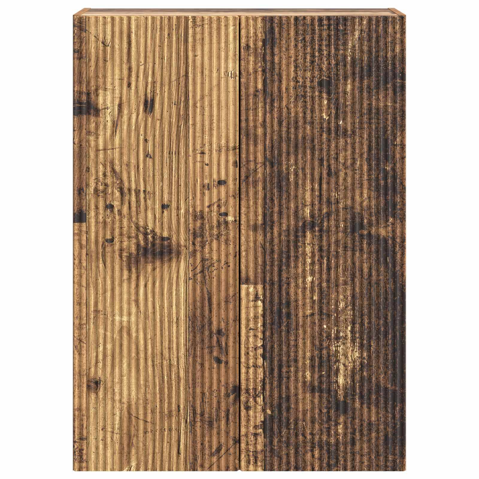 Verwittertes welliges Holzpaneel mit einer vertikalen Naht, das abgenutzte beige und dunkelbraune Bretter zeigt.