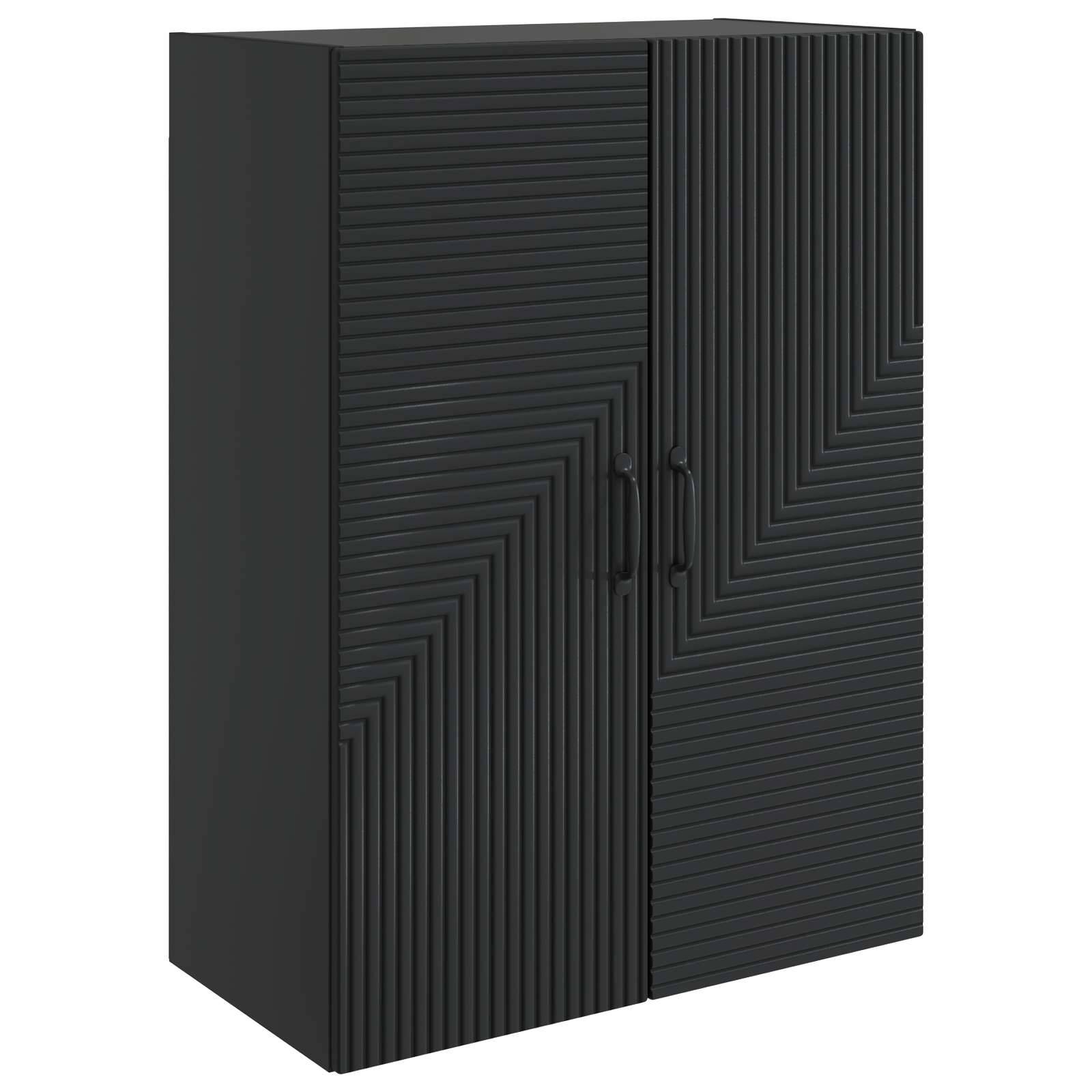 Schwarzer moderner zweitüriger Schrank mit geometrischen gerillten Frontpaneelen und kleinen Griffen auf weißem Hintergrund.