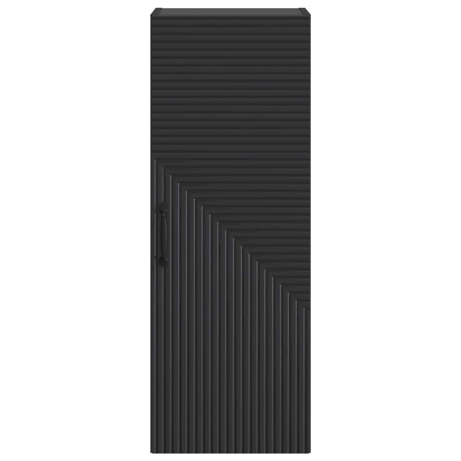 Hoher schwarzer gerippter Schrank oder Tür mit diagonalem Stufenmuster und kleinem Griff auf der linken Seite.