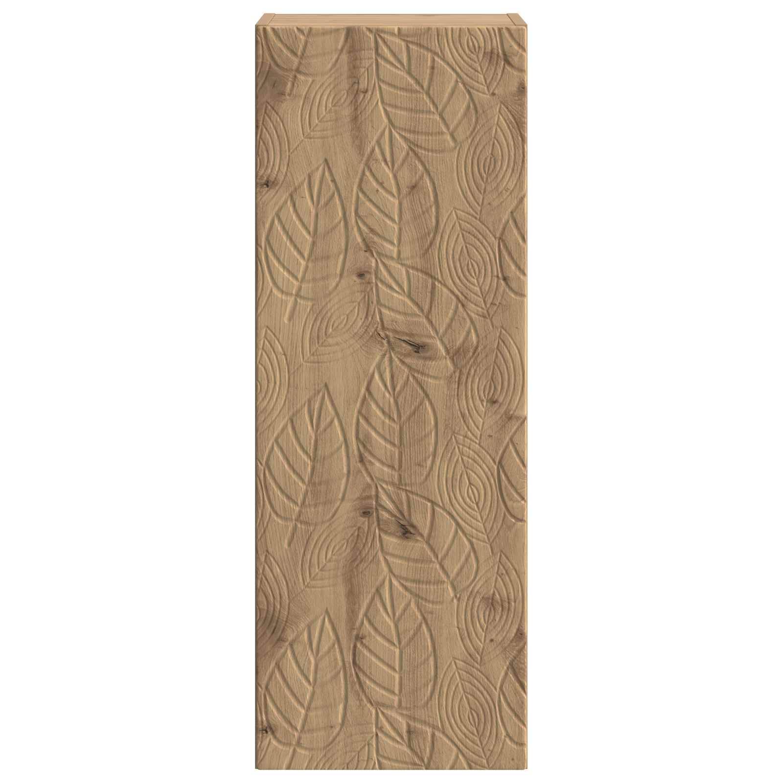 Hohles rechteckiges Holzpaneel mit einem geprägten Blattmuster in natürlichen Beigetönen.