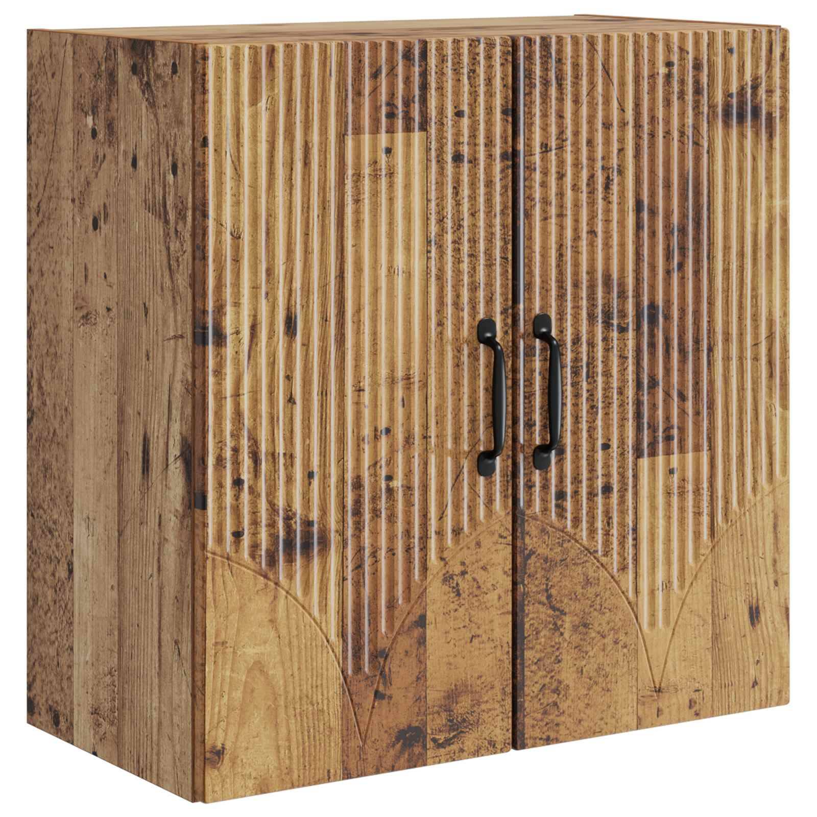 Holzschrank mit zwei Türen, vertikalen Rillen und schwarzen Griffen, gezeigt auf weißem Hintergrund.