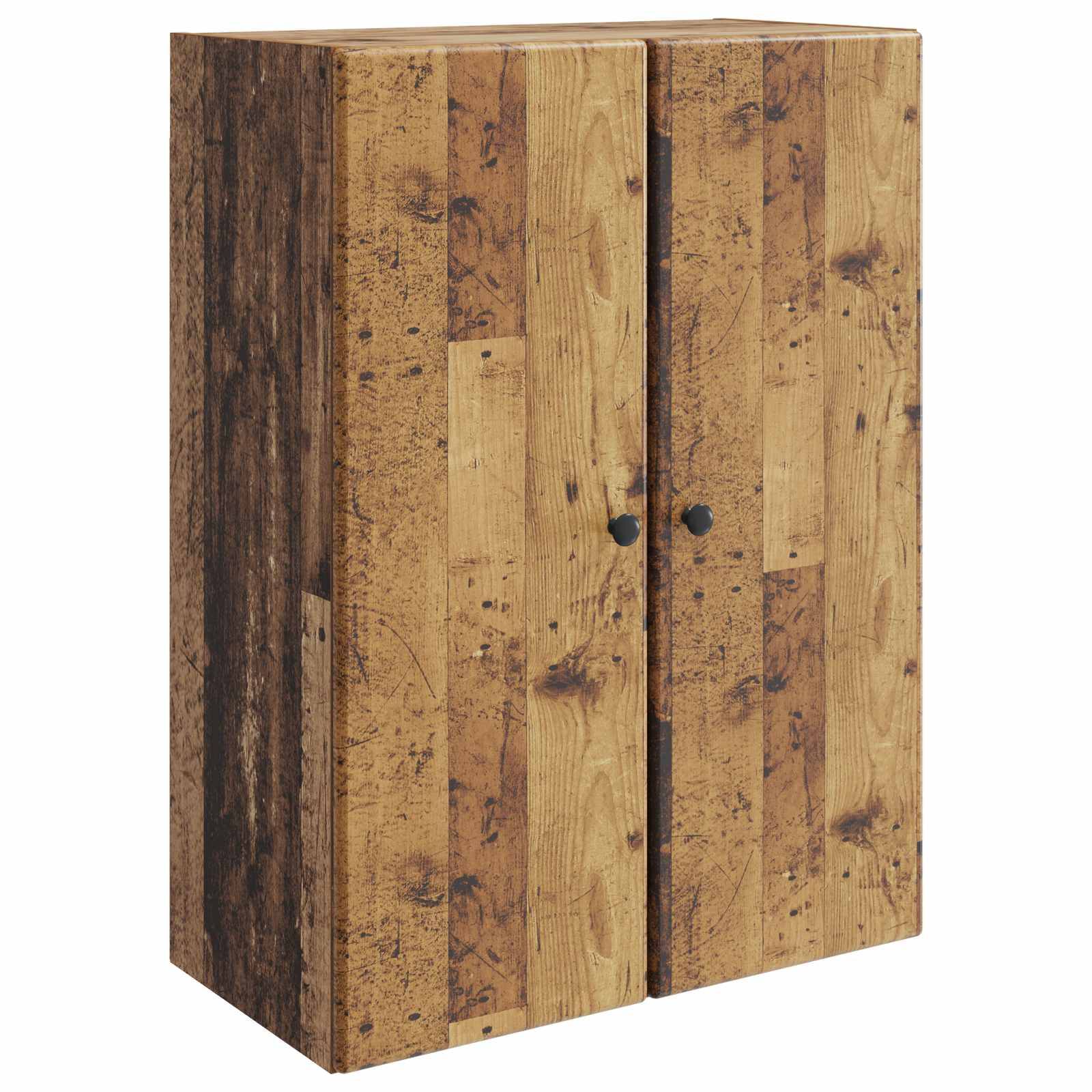 Rustikales Holzschränkchen mit zwei Türen und schwarzen Griffen, gefertigt aus gemischten hellen und dunklen Altholzbrettern.