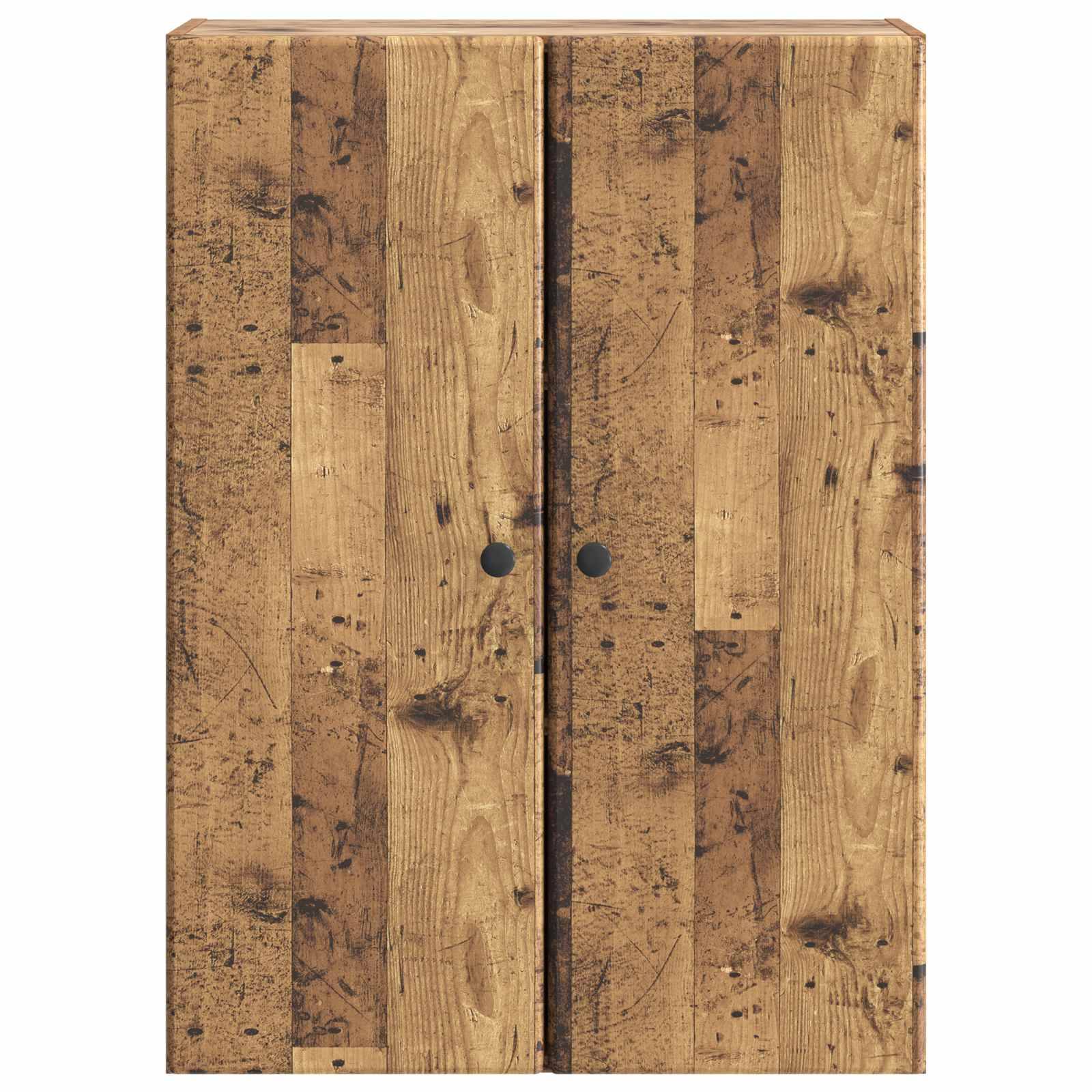 Rustikaler Holzschrank mit zwei Türen und runden schwarzen Griffen, hergestellt aus verwitterten Holzpaneelen im Dielenstil.