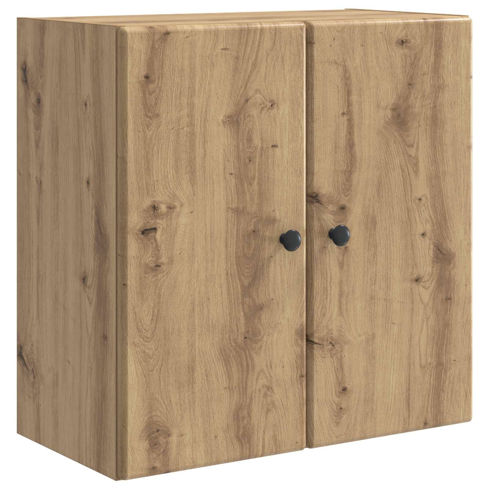 Helles Holz Zweitüriger Schrank mit schwarzen Griffen, vor weißem Hintergrund dargestellt.